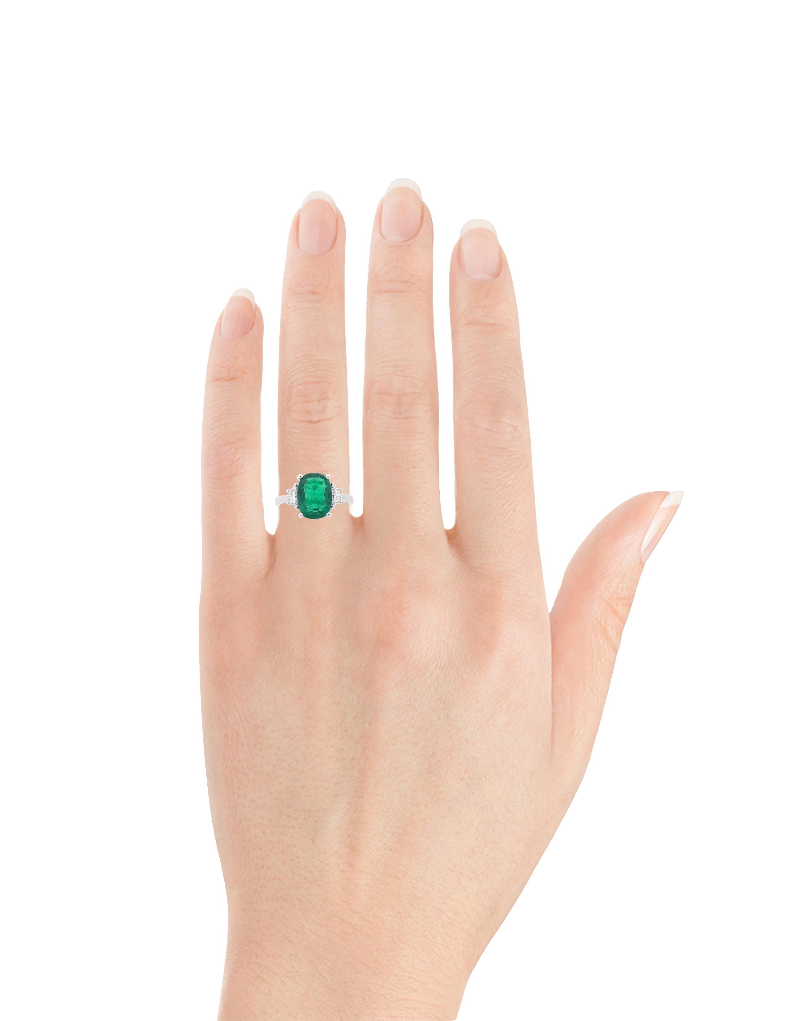 Modern Three Stone Elongated Cushion Emerald '3.50ct' w/Half Moon Diamonds '.37ct'