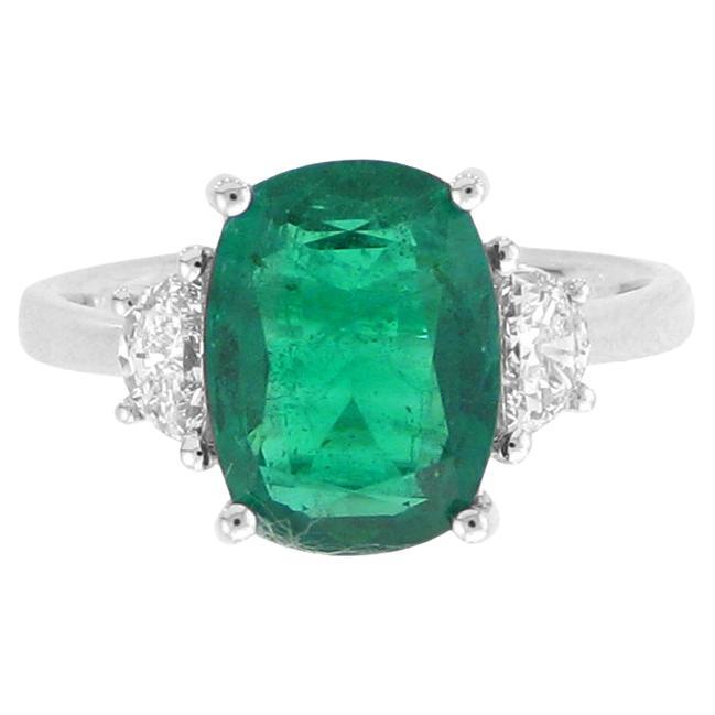 Three Stone Elongated Cushion Emerald '3.50ct' w/Half Moon Diamonds '.37ct'