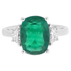 Three Stone Elongated Cushion Emerald '3.50ct' w/Half Moon Diamonds '.37ct'