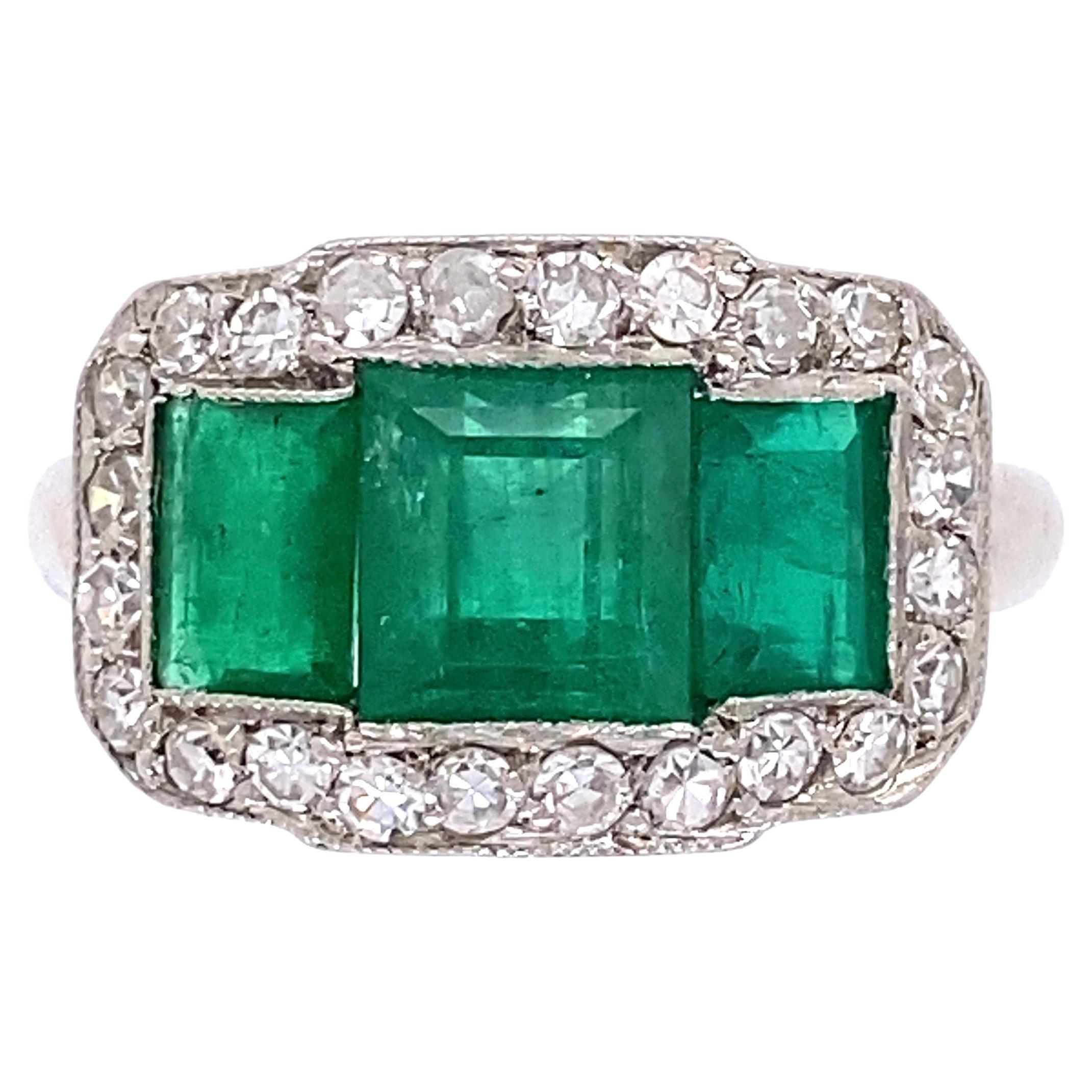 Three-Stone Emerald and Diamond Platinum Ring Estate Fine Jewelry