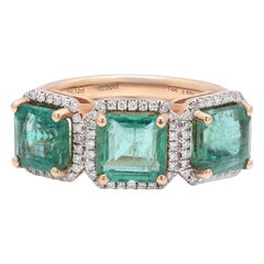 Three Stone Emerald and Diamond Ring in 14k Rose Gold