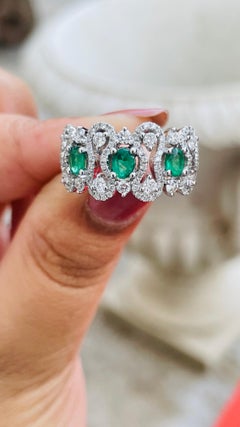 Bague de fiançailles en or blanc massif 14k avec diamant et émeraude naturelle