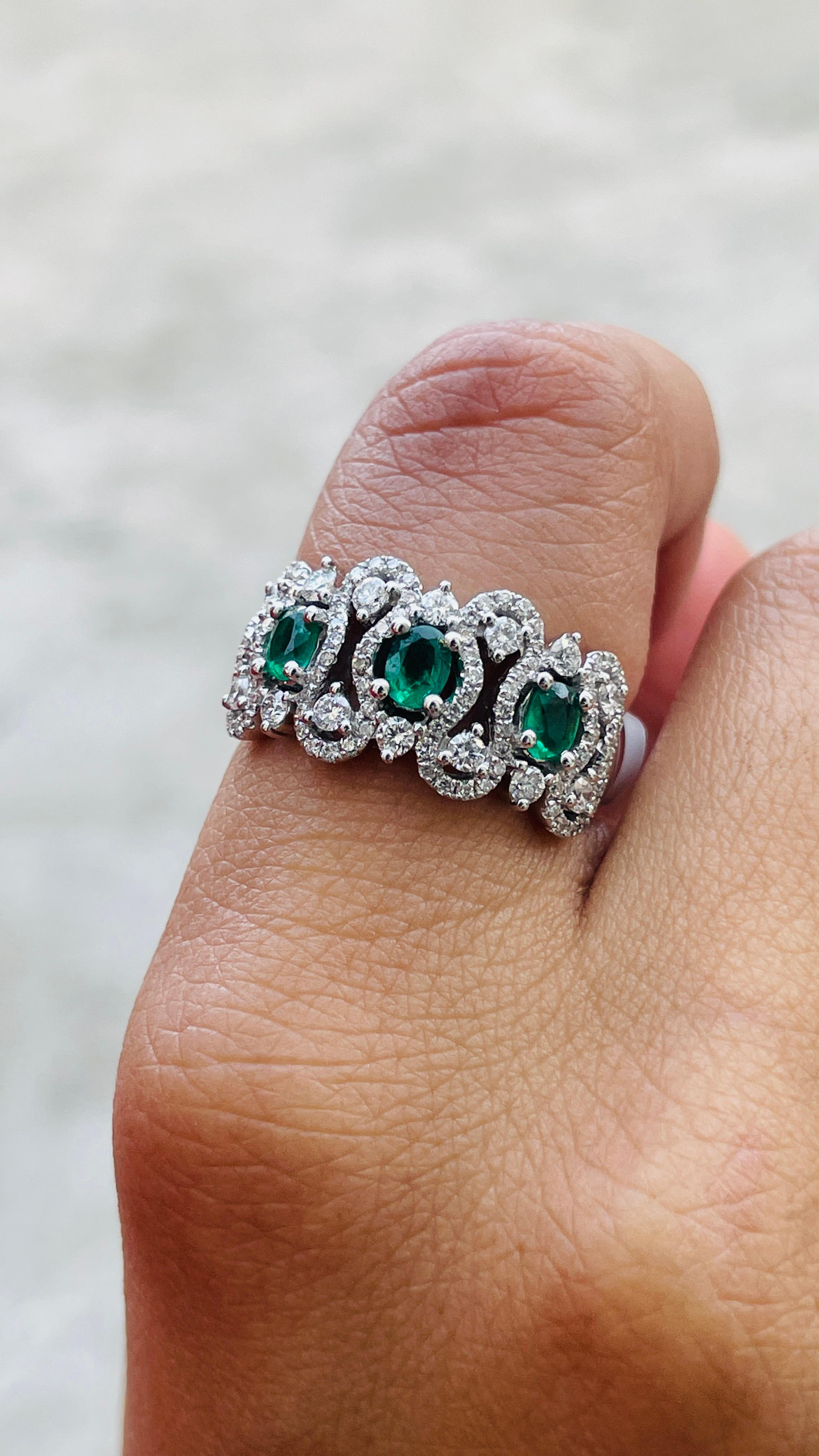 For Sale:   Diamond and Natural Emerald Engagement Band Ring in 14k Solid White Gold 8