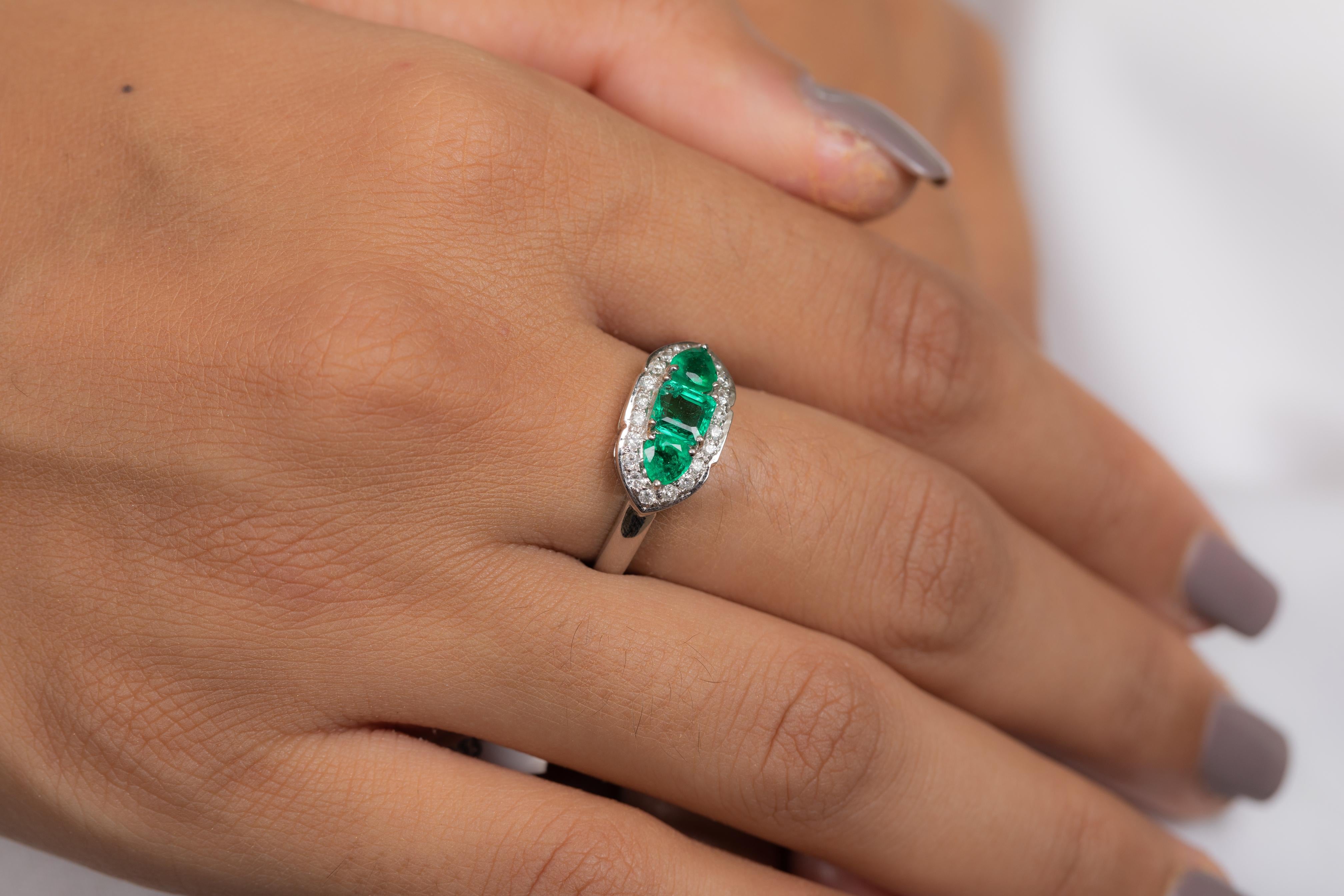 For Sale:  Three Stone Emerald and Diamond Ring in 18K White Gold  3