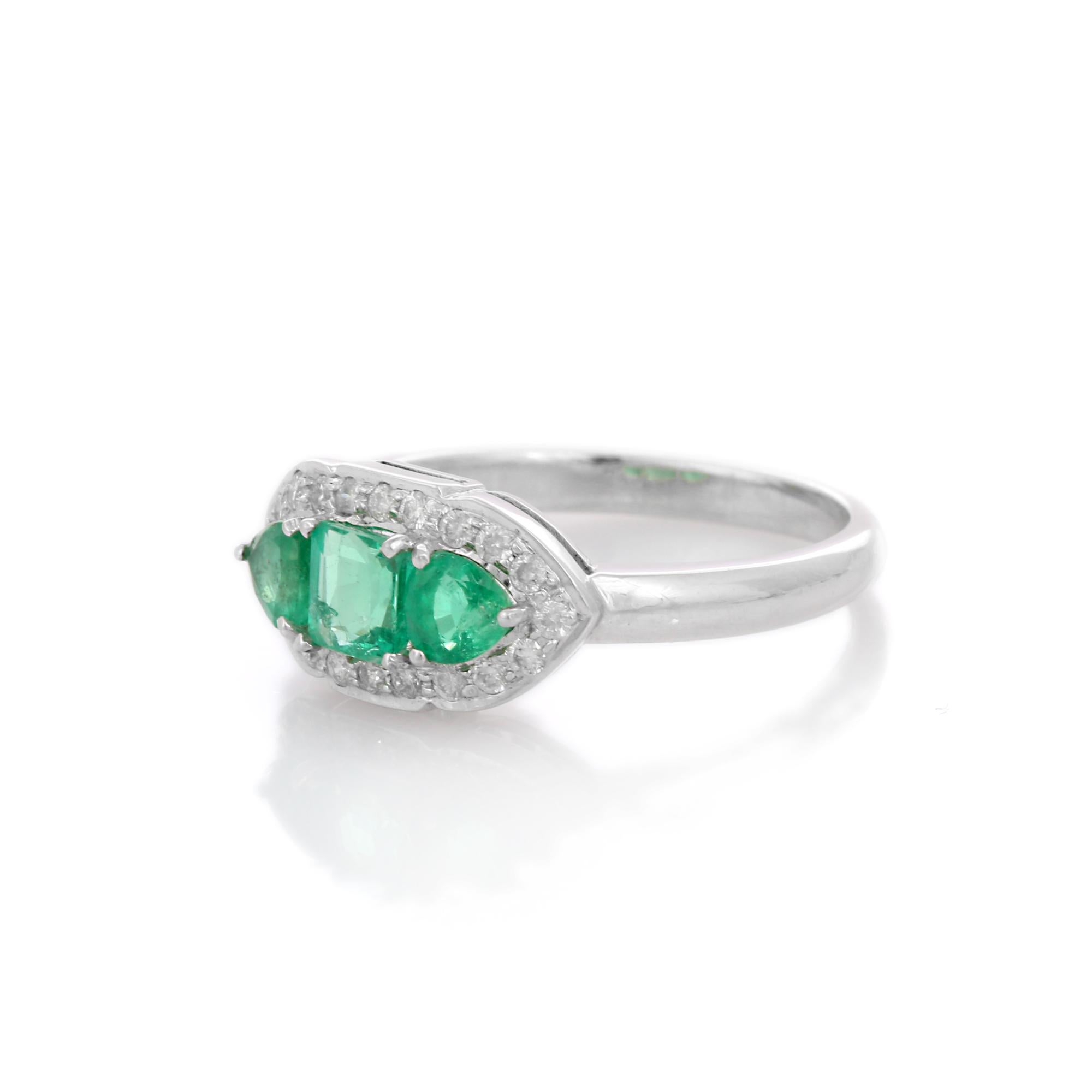 For Sale:  Three Stone Emerald and Diamond Ring in 18K White Gold 6