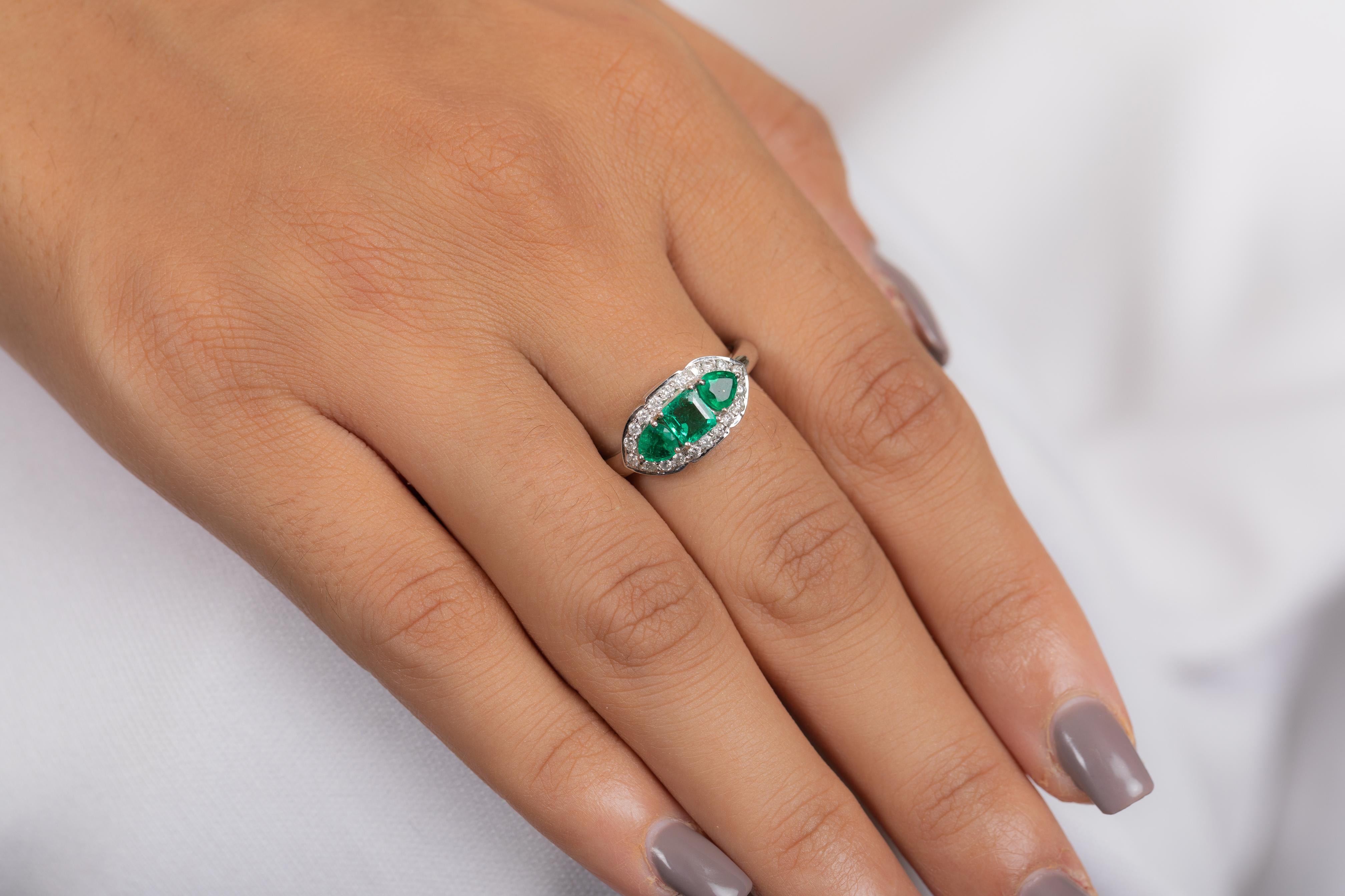 For Sale:  Three Stone Emerald and Diamond Ring in 18K White Gold  7