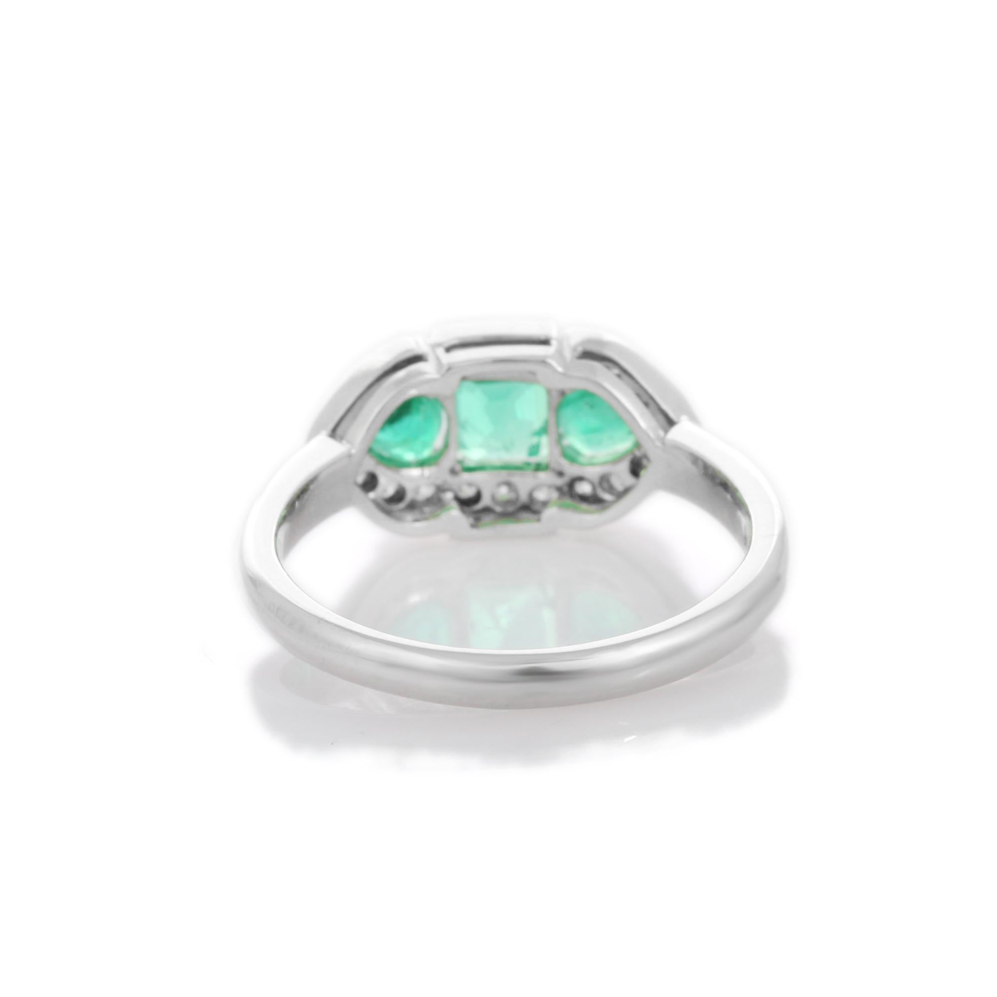 For Sale:  Three Stone Emerald and Diamond Ring in 18K White Gold 8