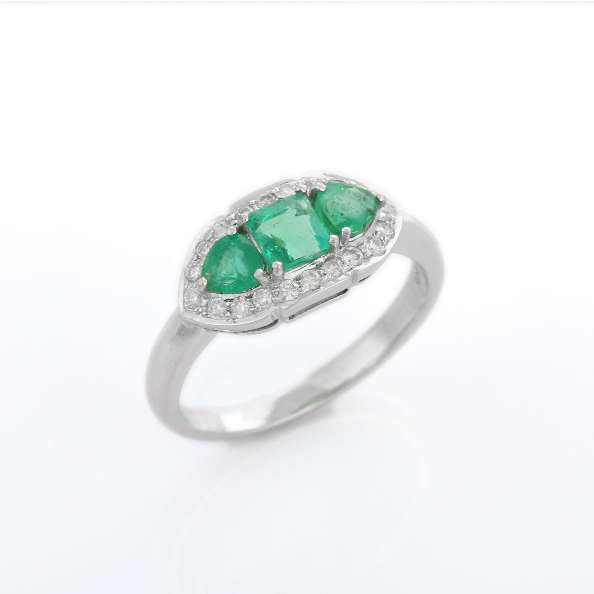 For Sale:  Three Stone Emerald and Diamond Ring in 18K White Gold  10