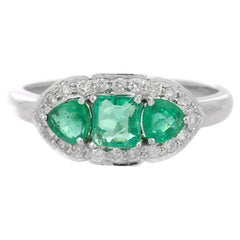 Three Stone Emerald and Diamond Ring in 18K White Gold 