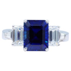 Three-Stone Emerald Cut 4.62ct Sapphire Diamond 1.65cttw Platinum Ring VVS Fine