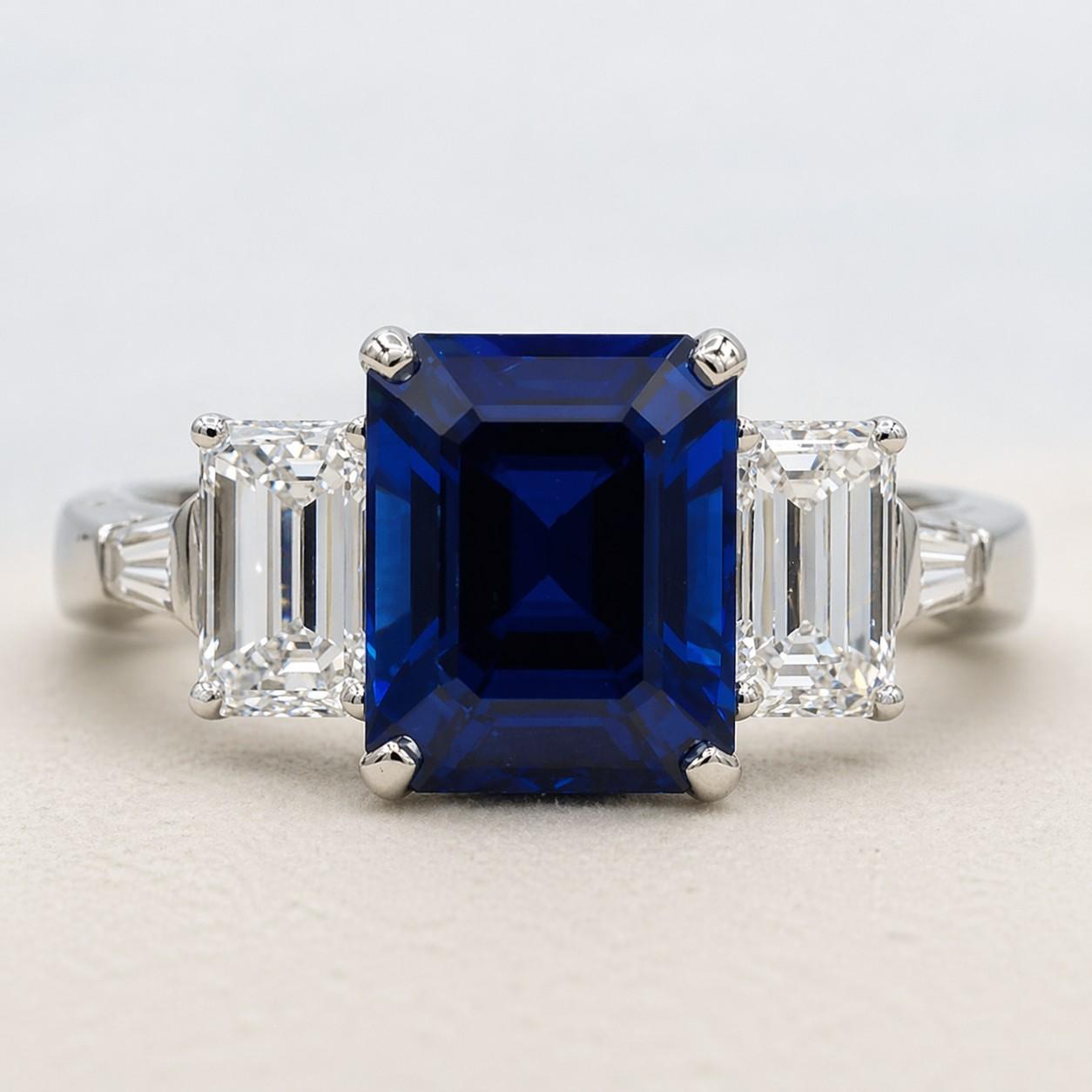 Three-Stone Emerald Cut 4.62ct Sapphire Diamond 1.65cttw Platinum Ring VVS Fine For Sale