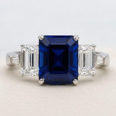 Three-Stone Emerald Cut 4.62ct Sapphire Diamond 1.65cttw Platinum Ring VVS Fine
