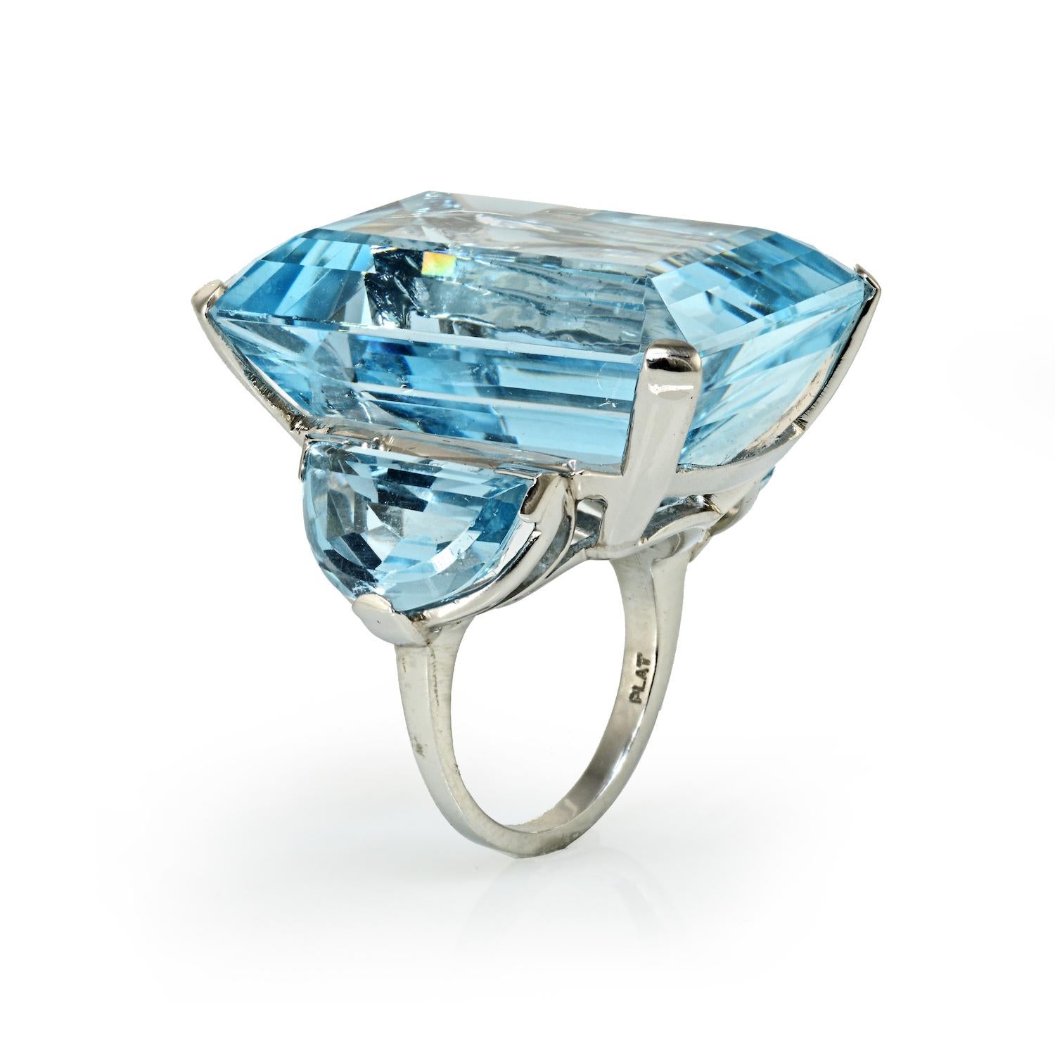 Three-Stone Emerald Cut Aquamarine Platinum Ring 75 Carat For Sale at ...