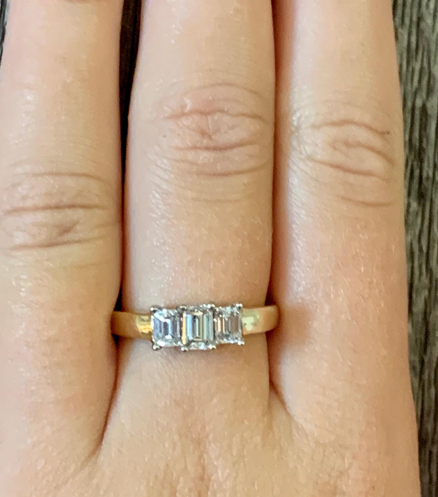 Three-Stone Emerald Cut Diamond 14 Karat Yellow and White Gold Ring - Size 8 5