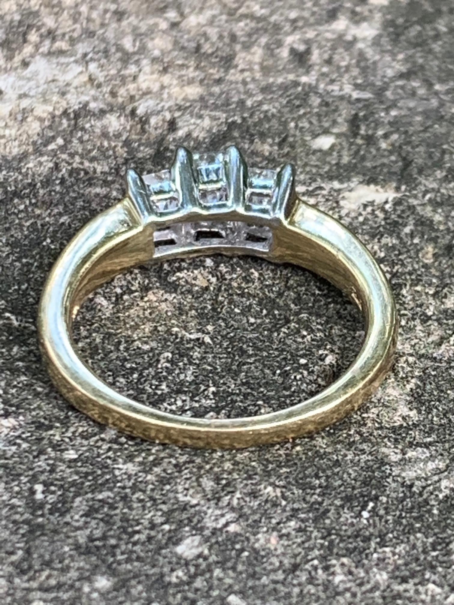 Modern Three-Stone Emerald Cut Diamond 14 Karat Yellow and White Gold Ring - Size 8
