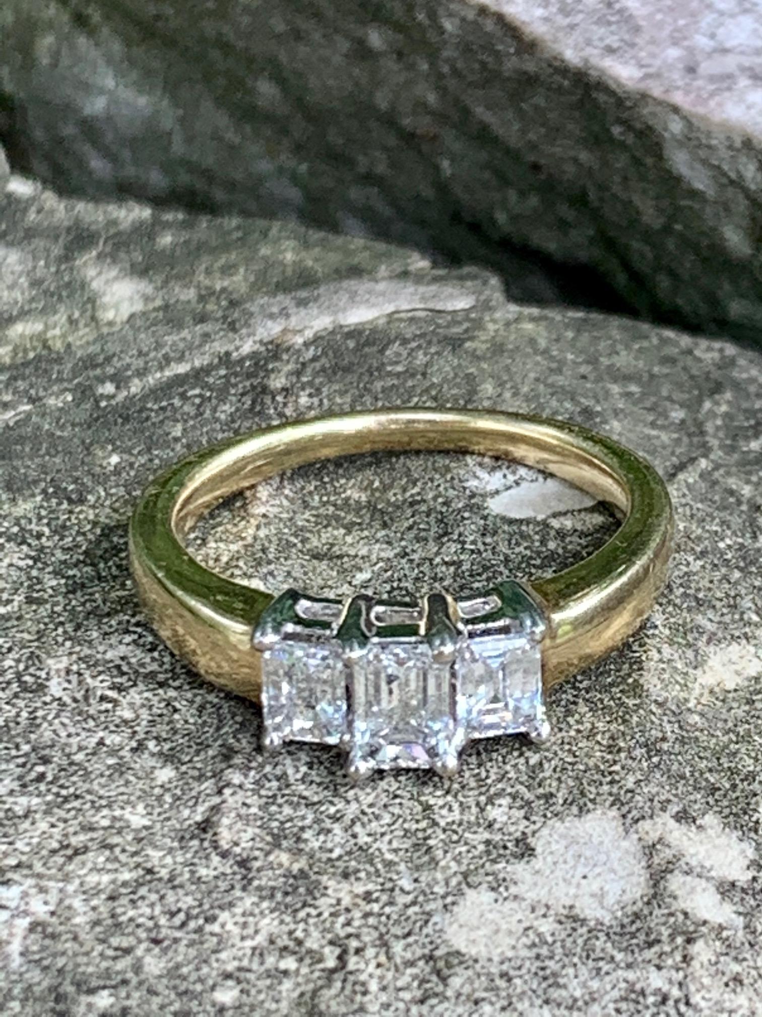 Three-Stone Emerald Cut Diamond 14 Karat Yellow and White Gold Ring - Size 8 In Good Condition In St. Louis Park, MN