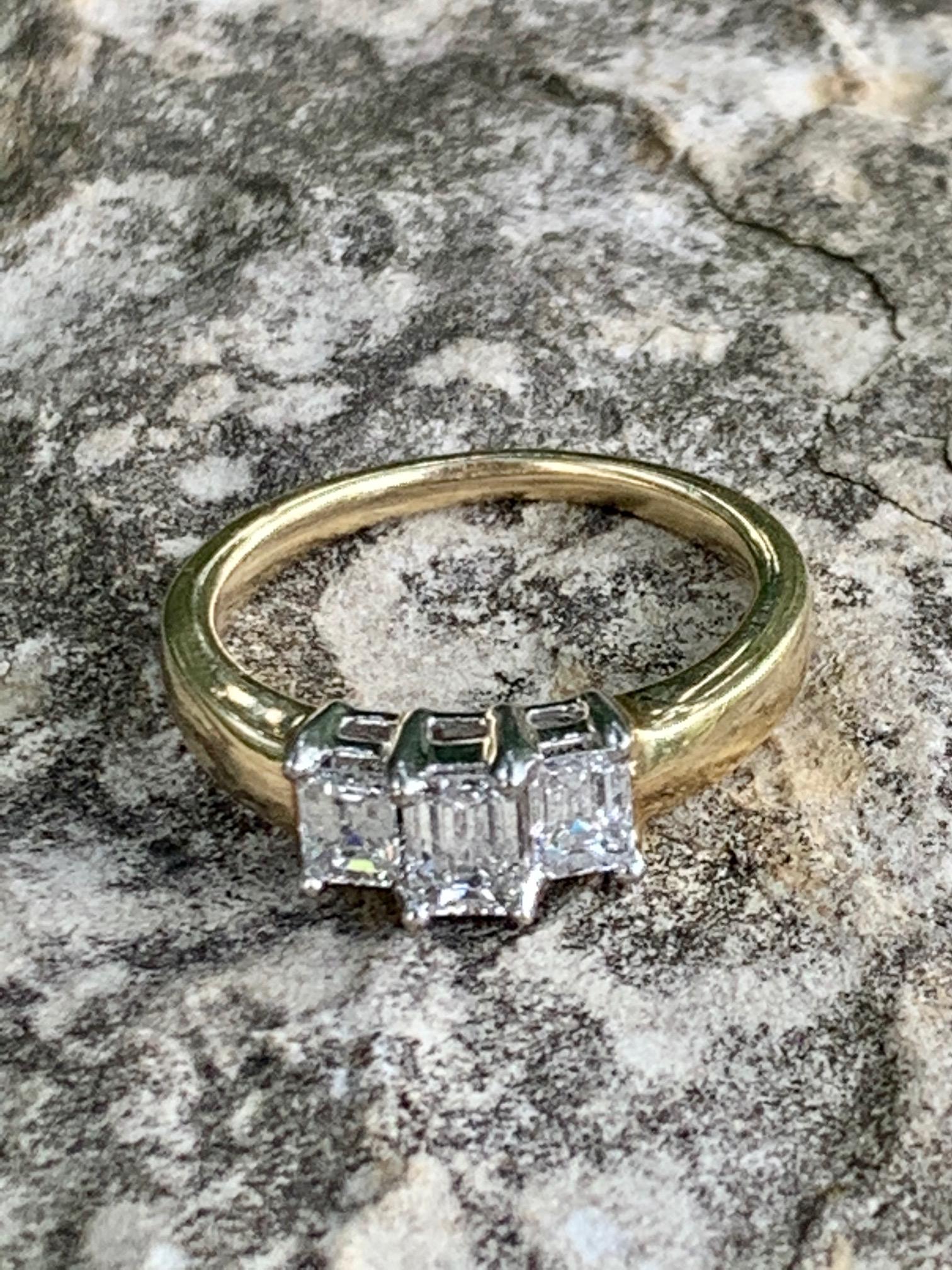 Women's or Men's Three-Stone Emerald Cut Diamond 14 Karat Yellow and White Gold Ring - Size 8