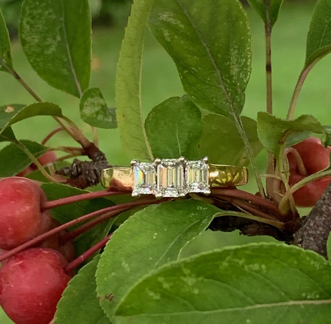Three-Stone Emerald Cut Diamond 14 Karat Yellow and White Gold Ring - Size 8 1