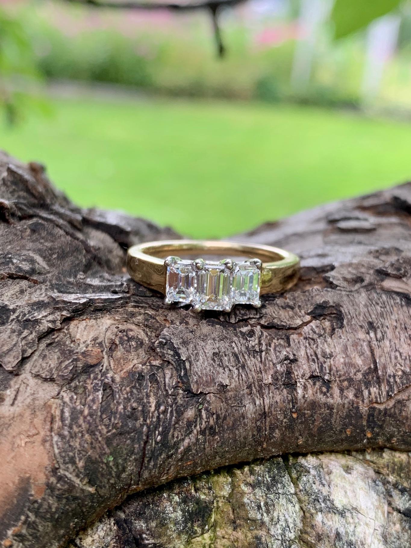 Three-Stone Emerald Cut Diamond 14 Karat Yellow and White Gold Ring - Size 8 4