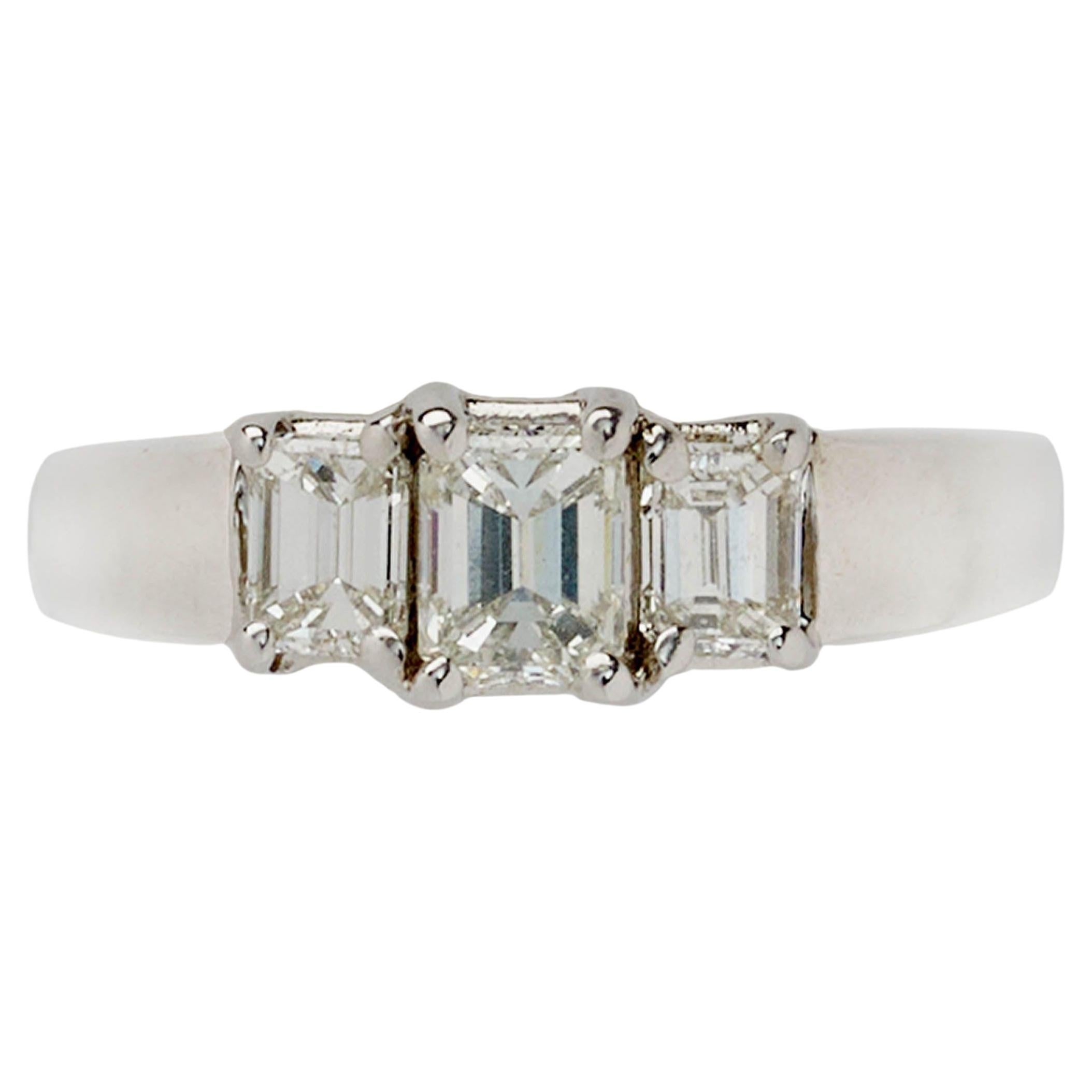 Three Stone Emerald-Cut Diamond and White Gold Ring, 1.47 Carat