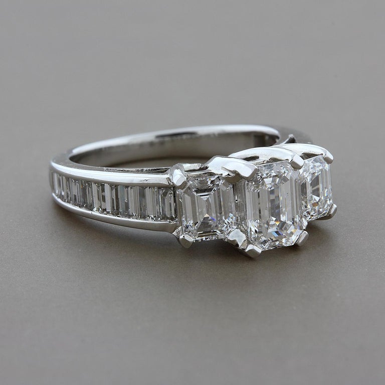 Three-Stone Emerald Cut Diamond Anniversary Gold Engagement Ring For ...