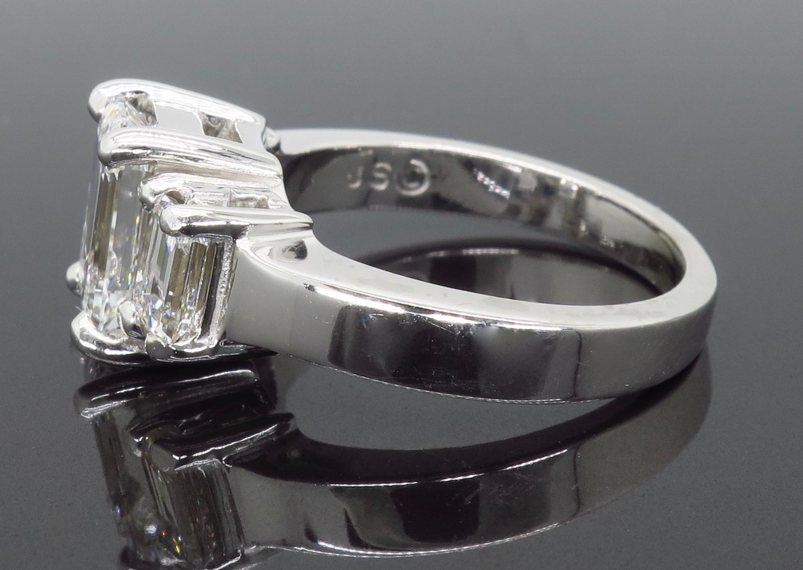 Three-Stone Emerald Cut Diamond Engagement Ring In Excellent Condition In Webster, NY
