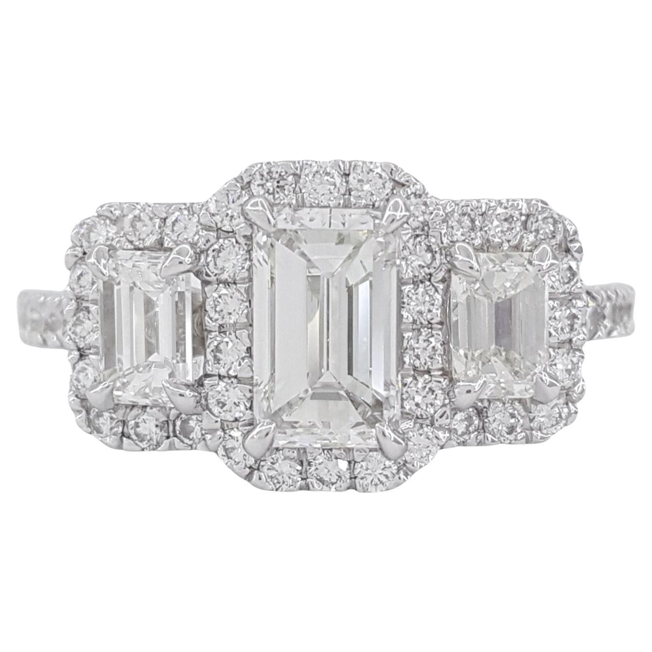 Three Stone Emerald Cut Diamond Halo Engagement Ring For Sale