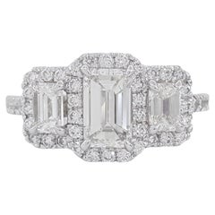 Three Stone Emerald Cut Diamond Halo Engagement Ring