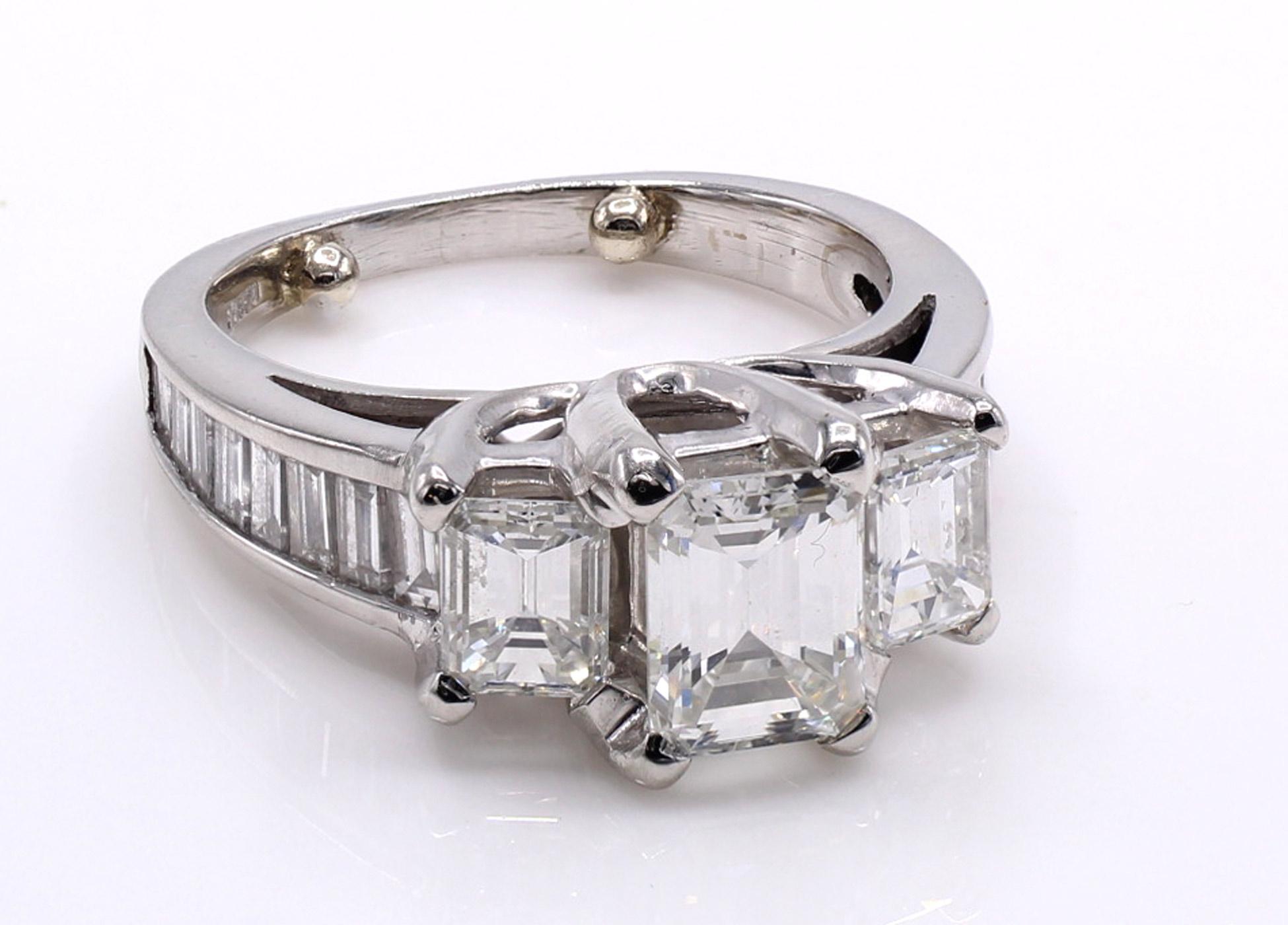 Women's or Men's Three Stone Emerald Cut Diamond Platinum Engagement  Ring  For Sale