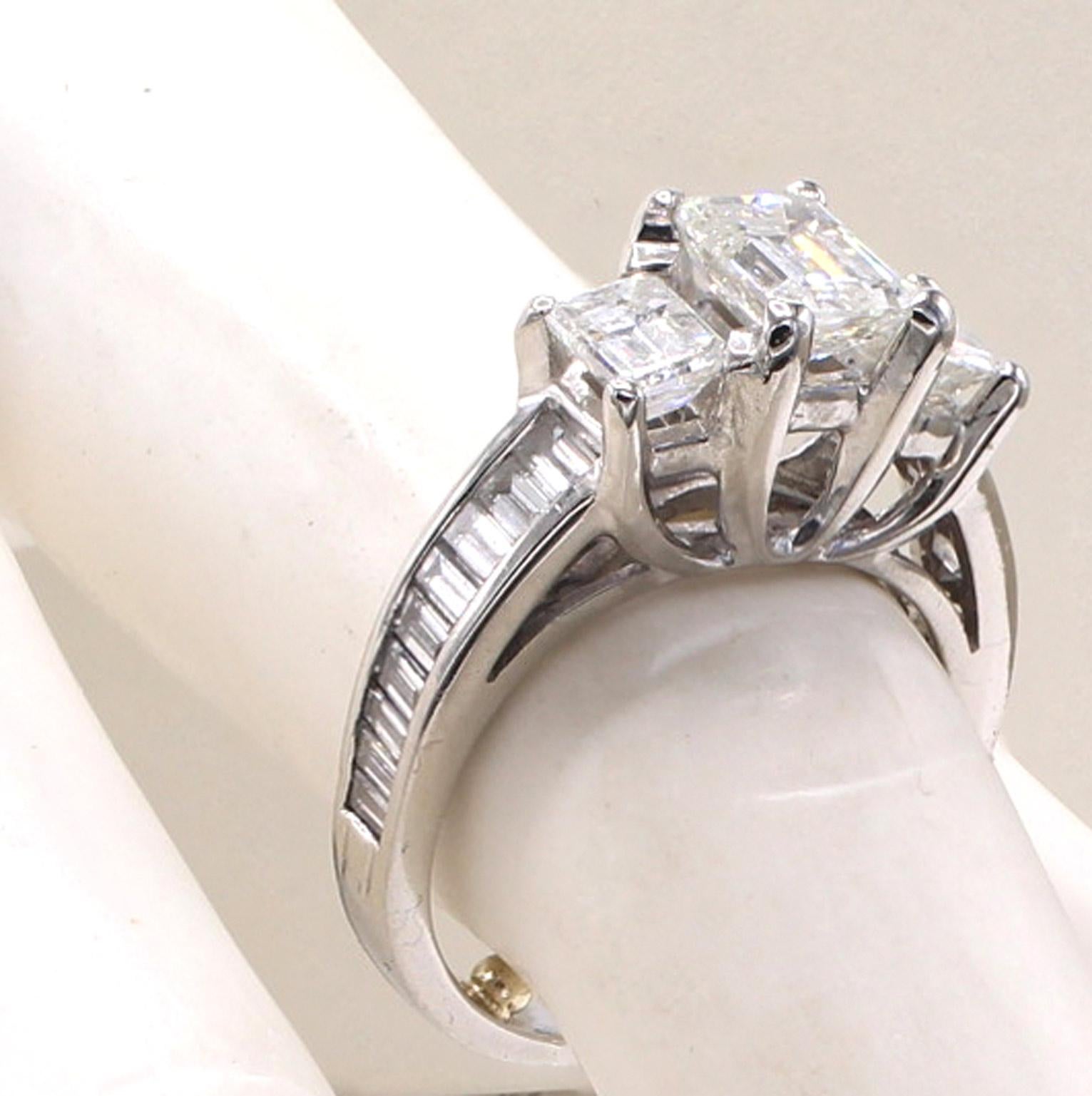 Three Stone Emerald Cut Diamond Platinum Engagement  Ring  For Sale 1