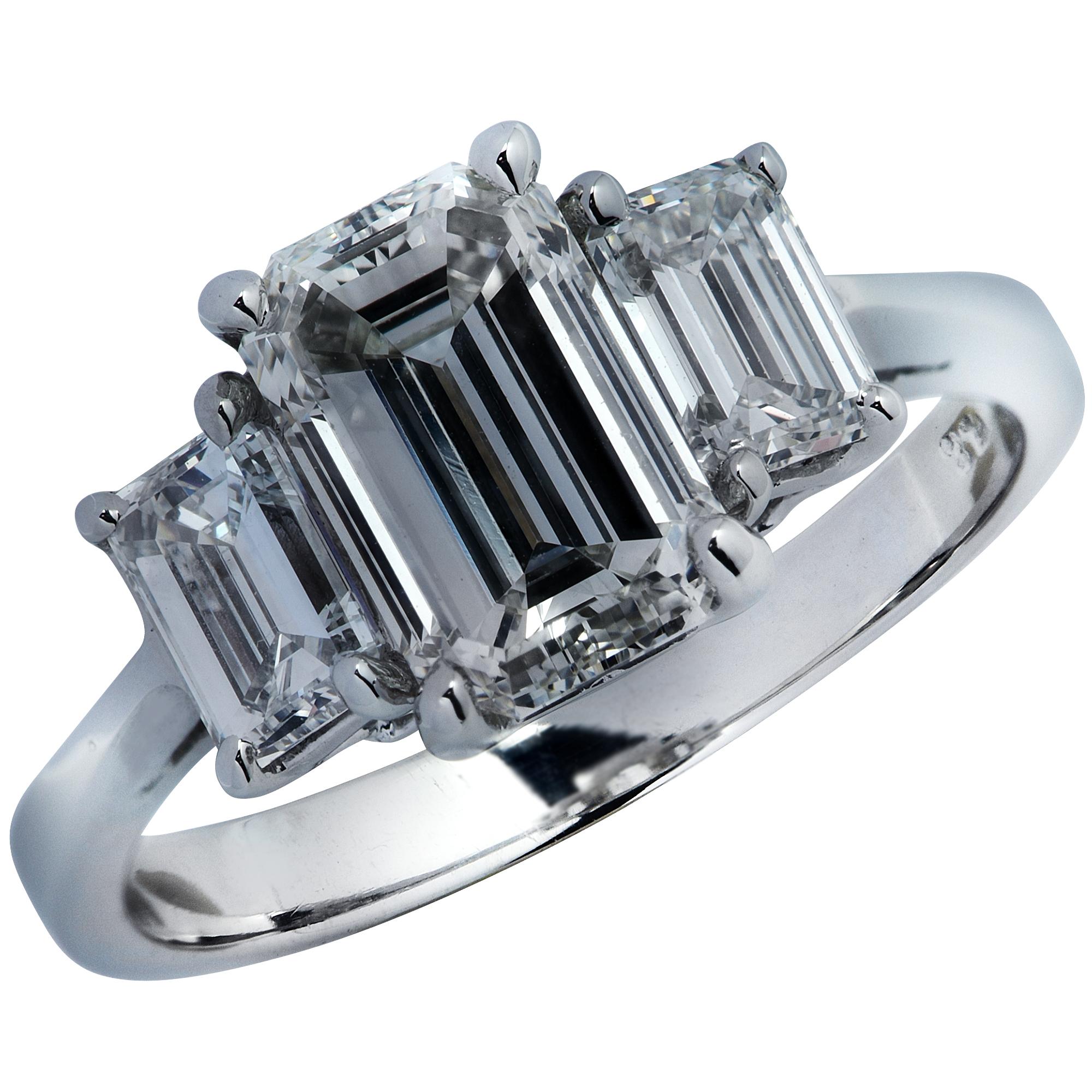 Three-Stone Emerald Cut Diamond Platinum Engagement Ring