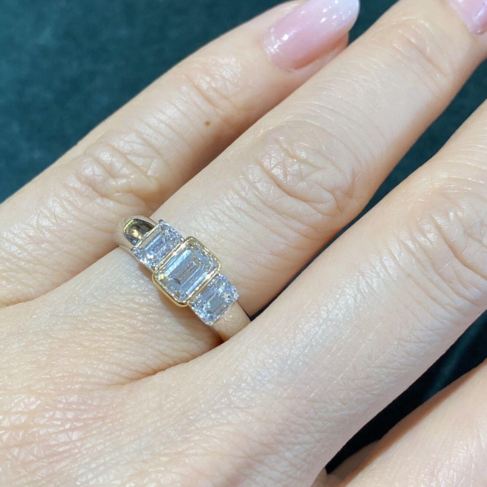 Three Stone Emerald Cut Diamond Ring in Platinum and 18k Yellow Gold In Excellent Condition For Sale In La Jolla, CA