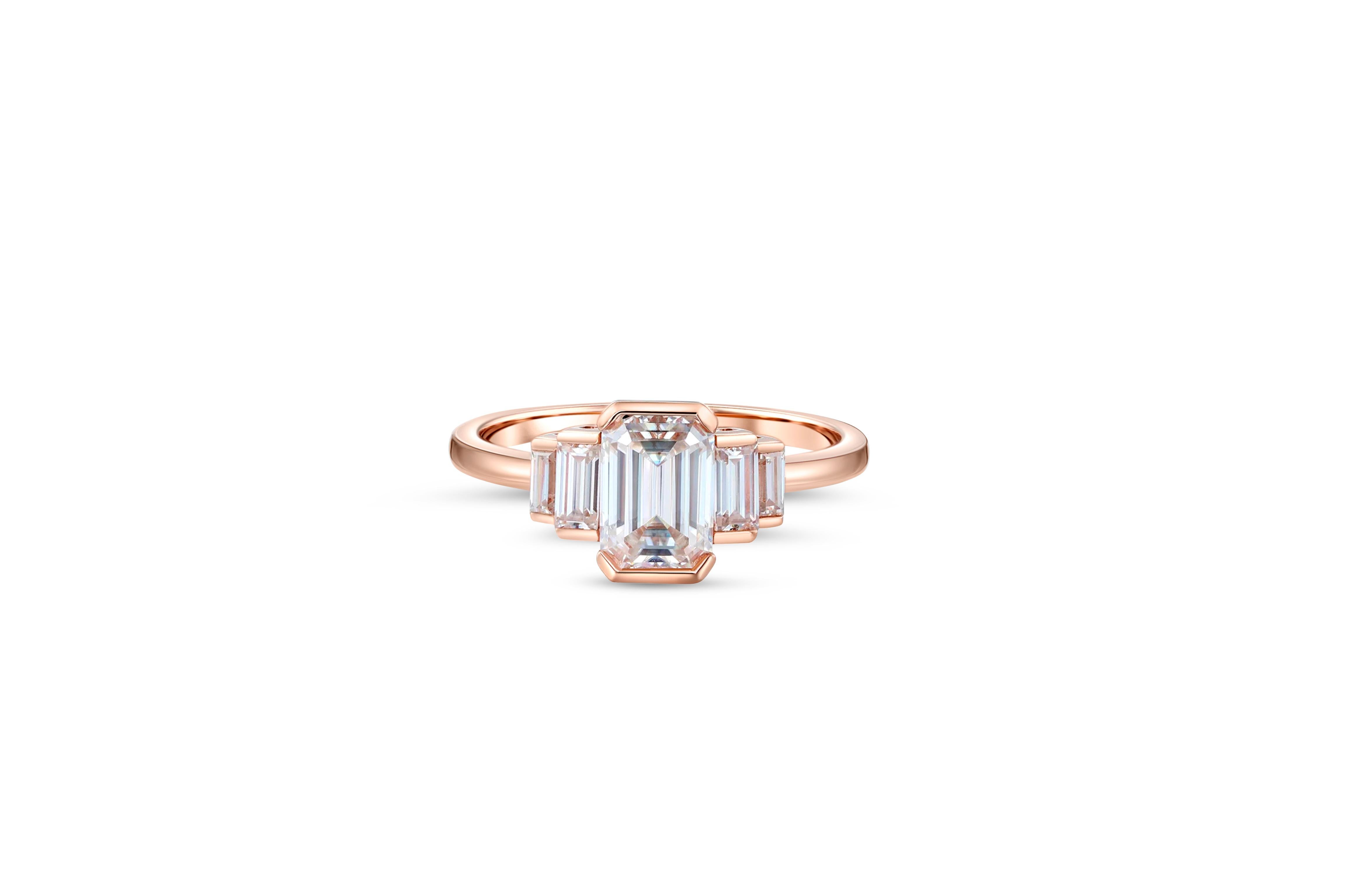 For Sale:  Three Stone Emerald Cut Moissanite Engagement 14k gold Ring. 2