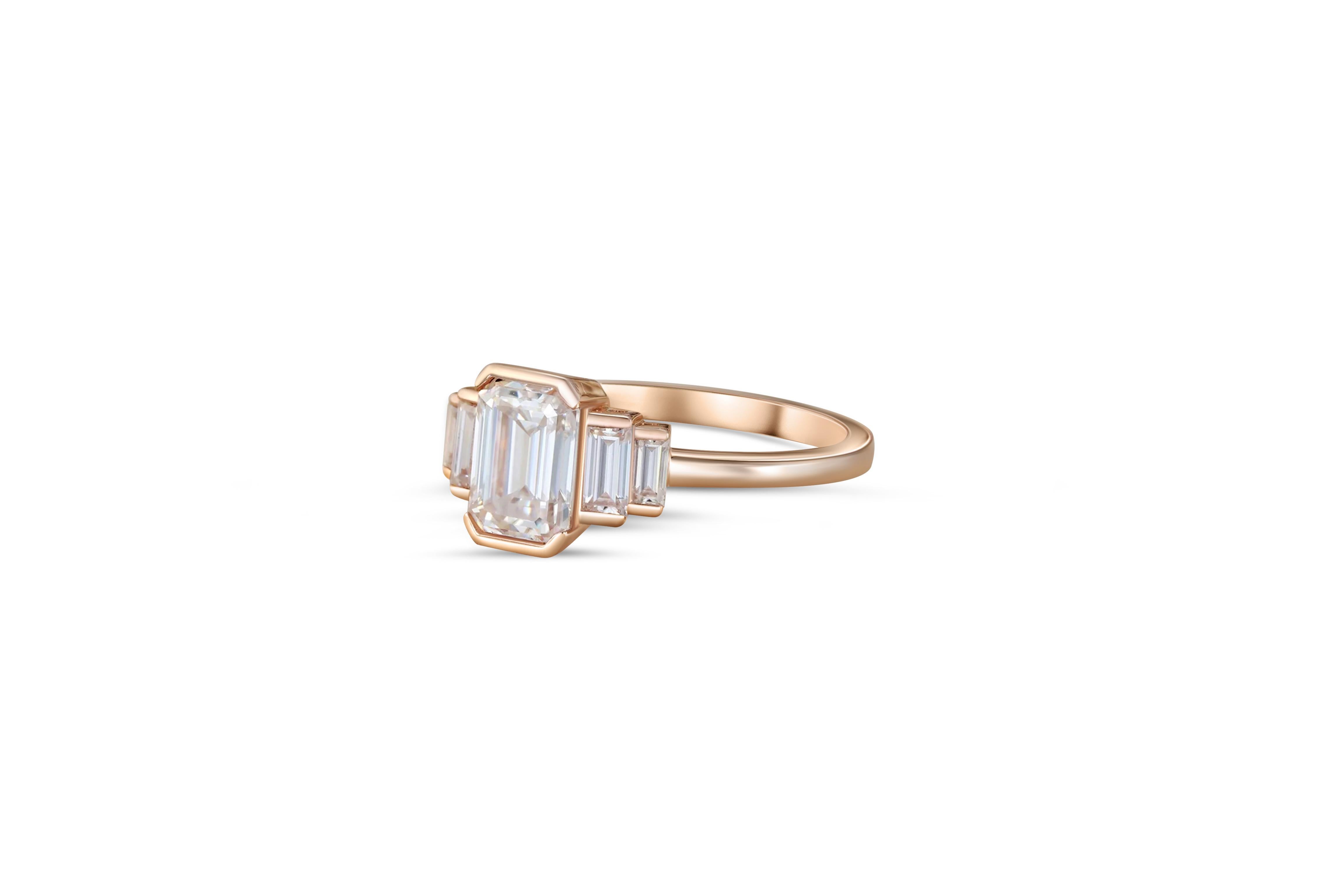 For Sale:  Three Stone Emerald Cut Moissanite Engagement 14k gold Ring 2