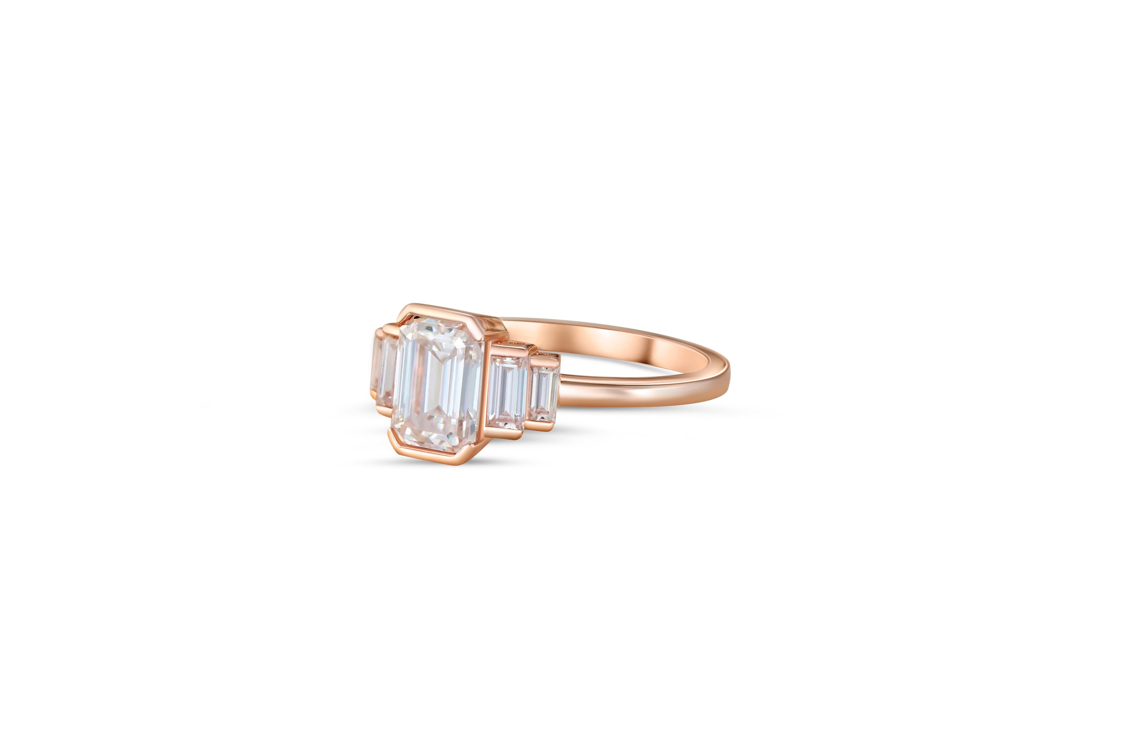 For Sale:  Three Stone Emerald Cut Moissanite Engagement 14k gold Ring. 3