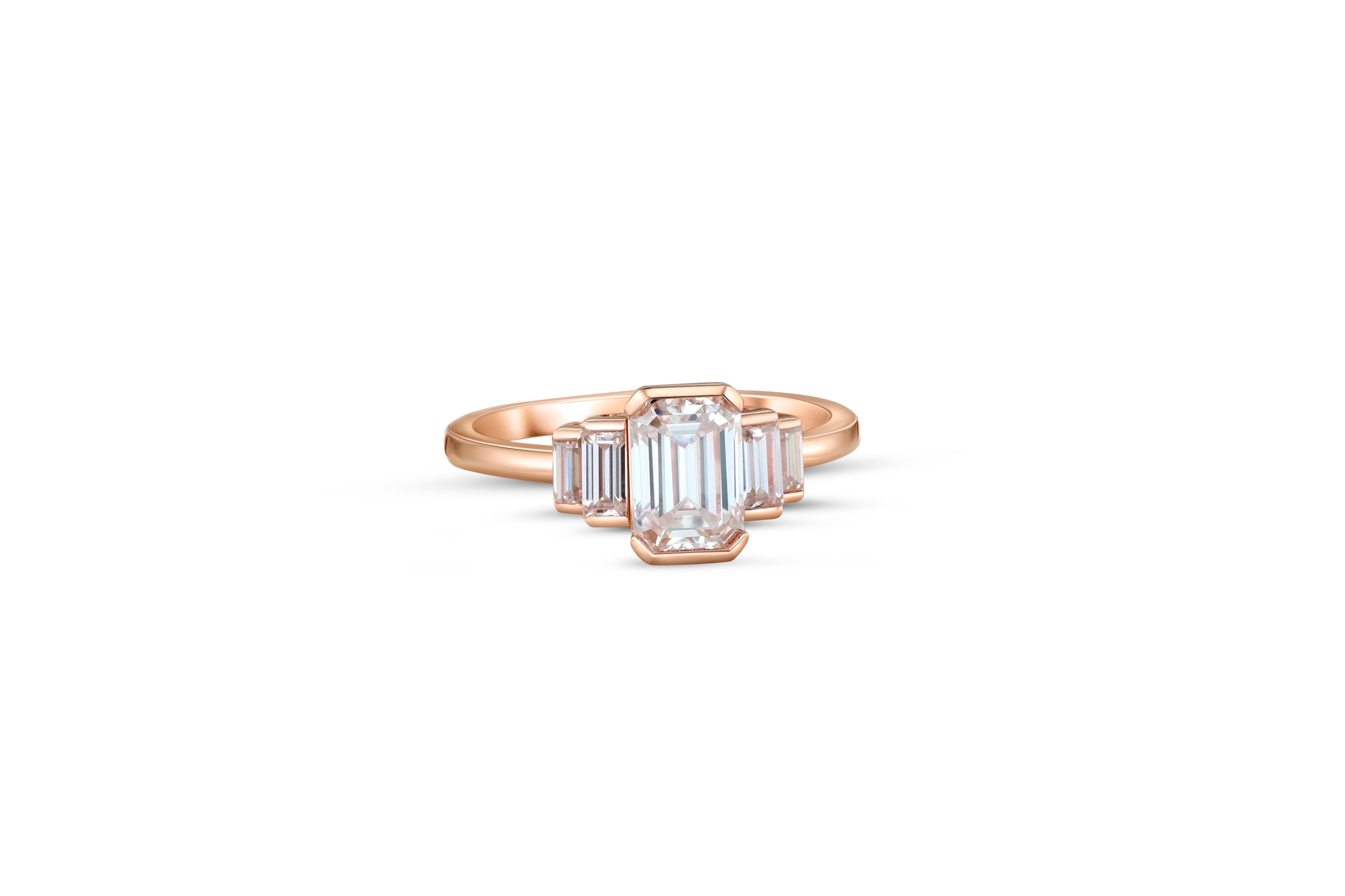 For Sale:  Three Stone Emerald Cut Moissanite Engagement 14k gold Ring. 4