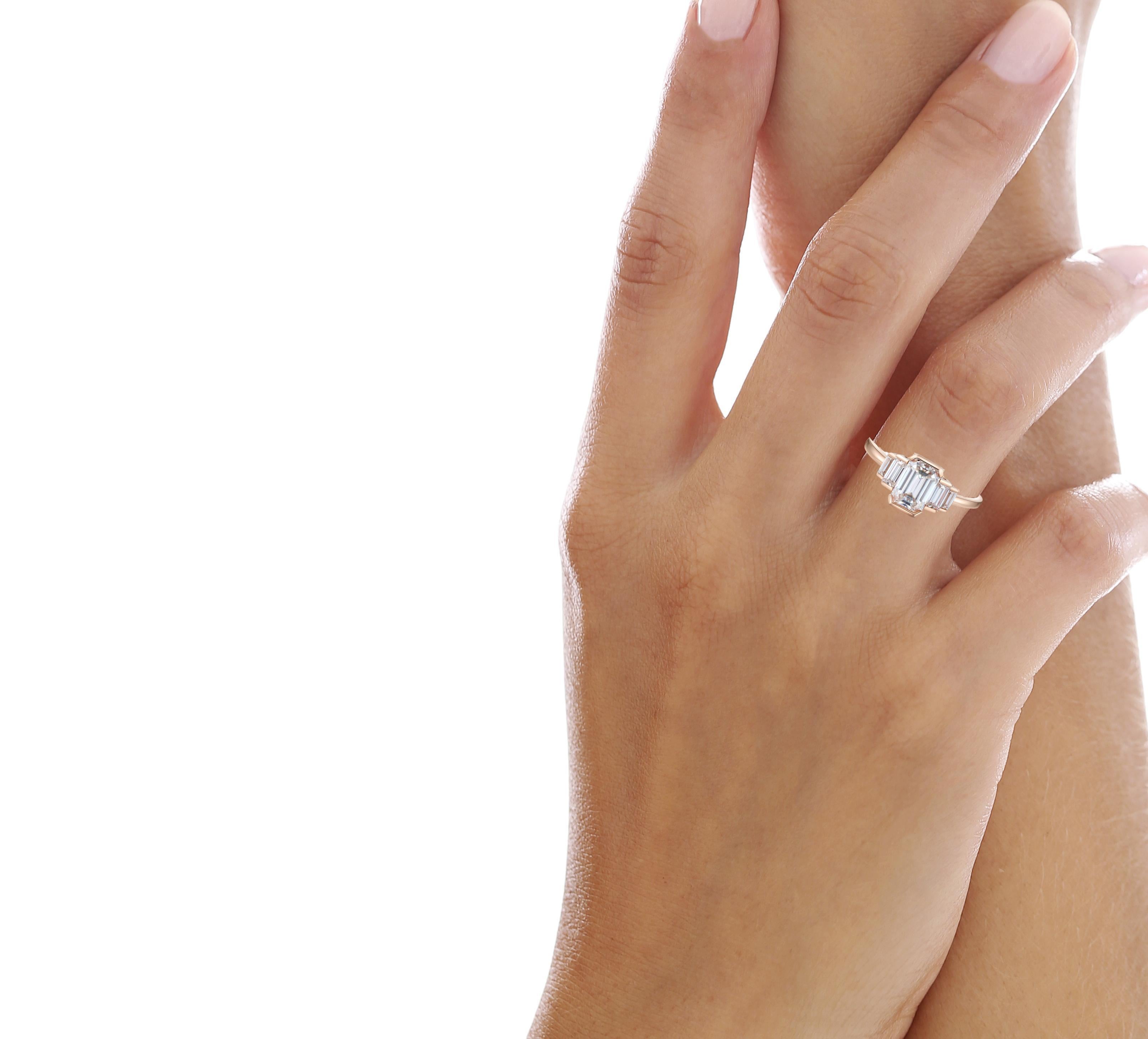 For Sale:  Three Stone Emerald Cut Moissanite Engagement 14k gold Ring 4