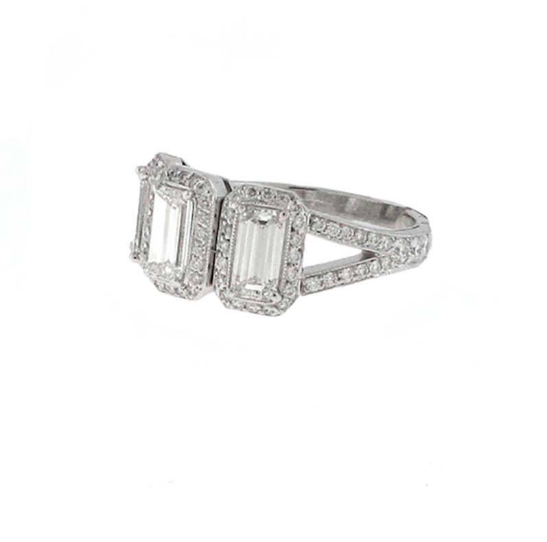 Modern Three-Stone Emerald Cut White Diamond Halo Ring Set in Platinum