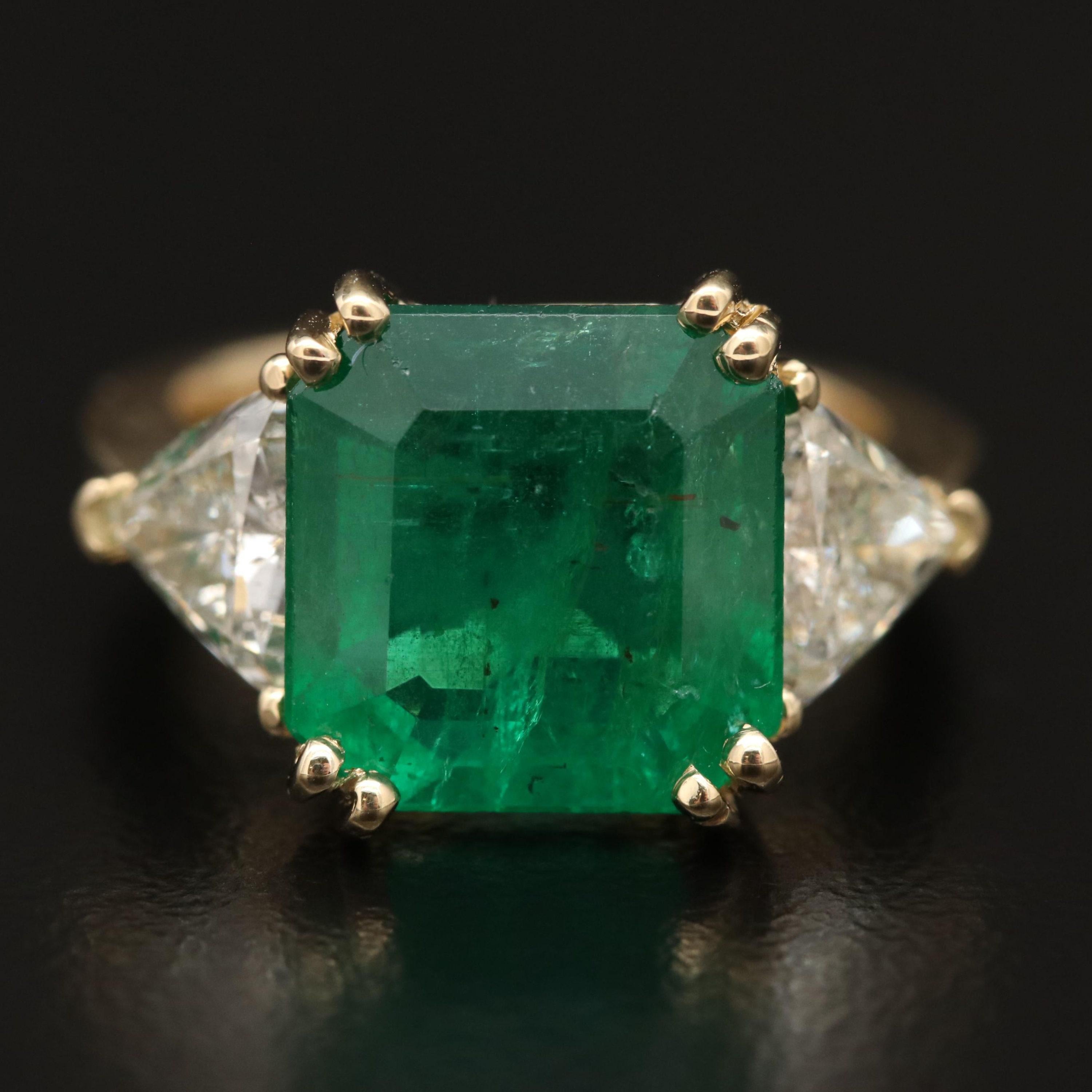 For Sale:  5 Carat Three Stone Emerald Diamond Engagement Ring Antique Bridal Cocktail Ring 6