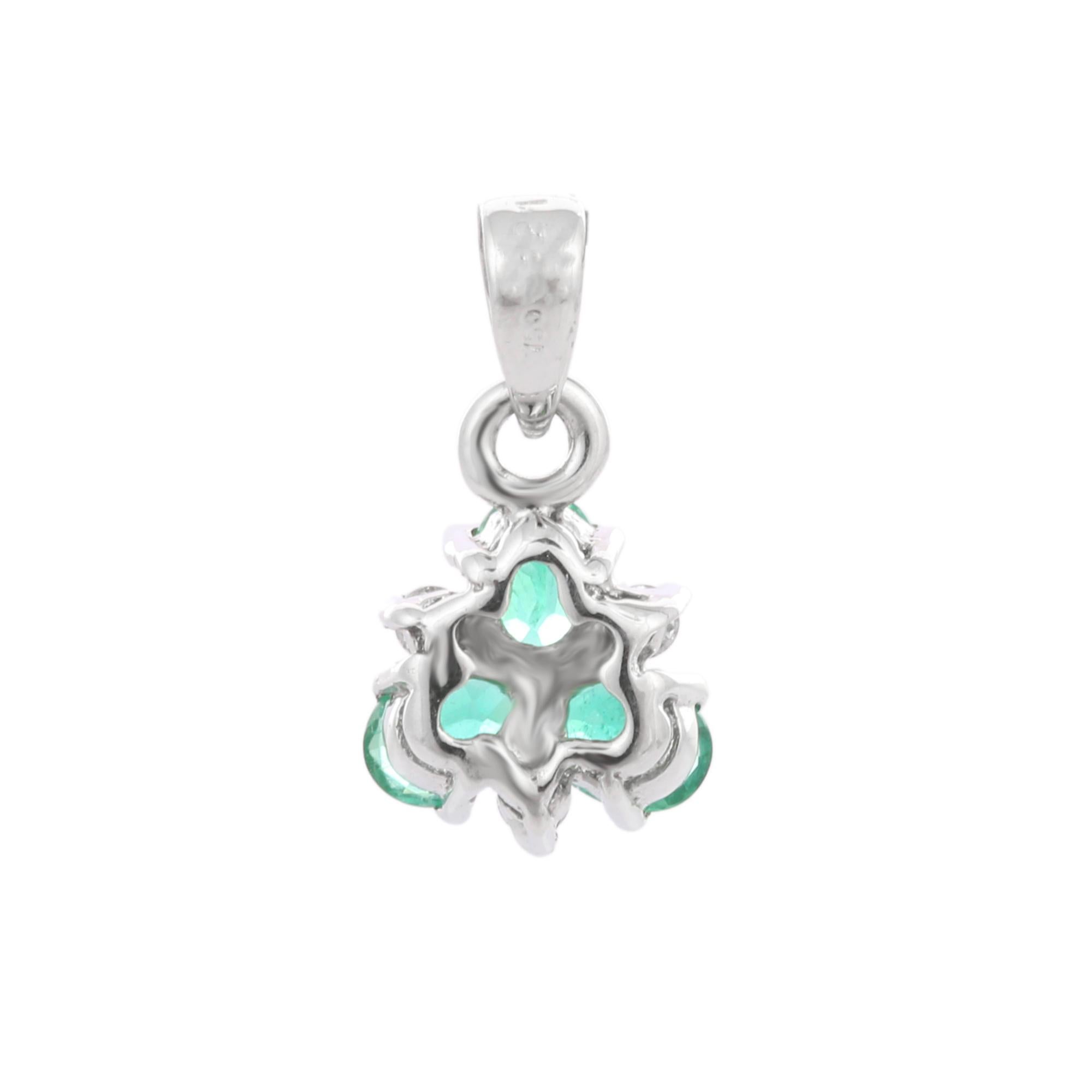 Modern Three Stone Emerald Diamond Pendant in 18K Solid White Gold  For Sale