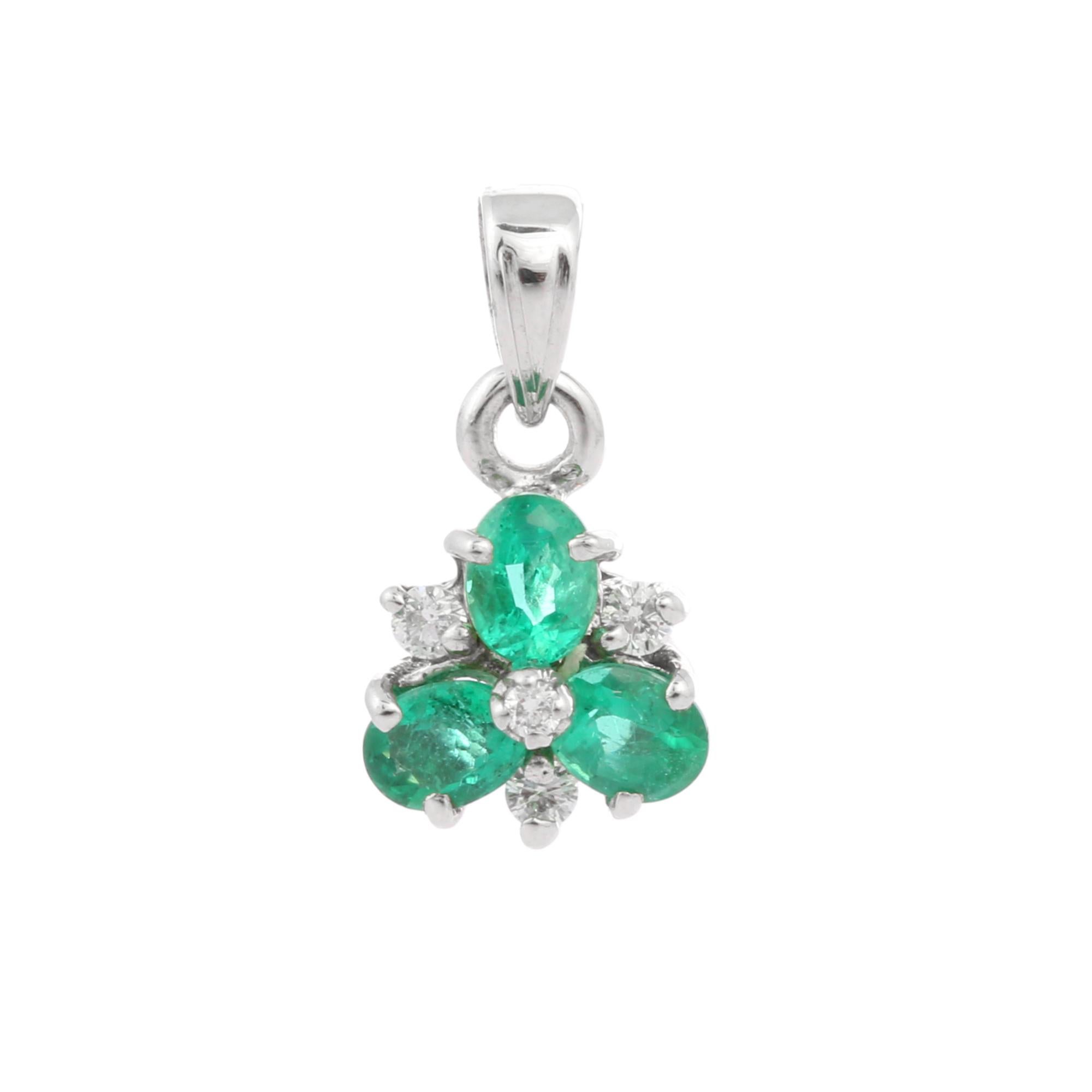Three Stone Emerald Diamond Pendant in 18K Solid White Gold  For Sale