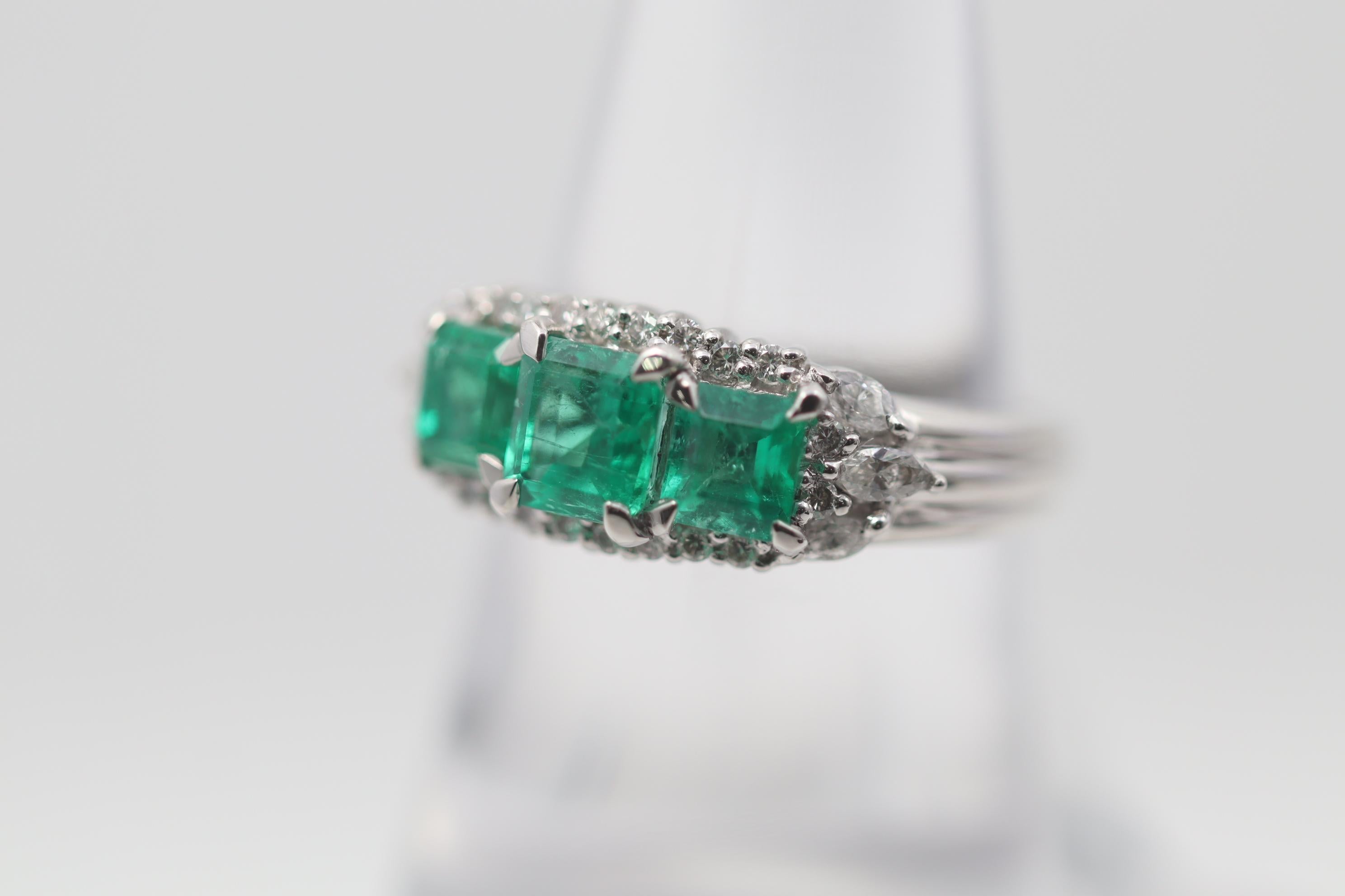 Mixed Cut Three-Stone Emerald Diamond Platinum Ring