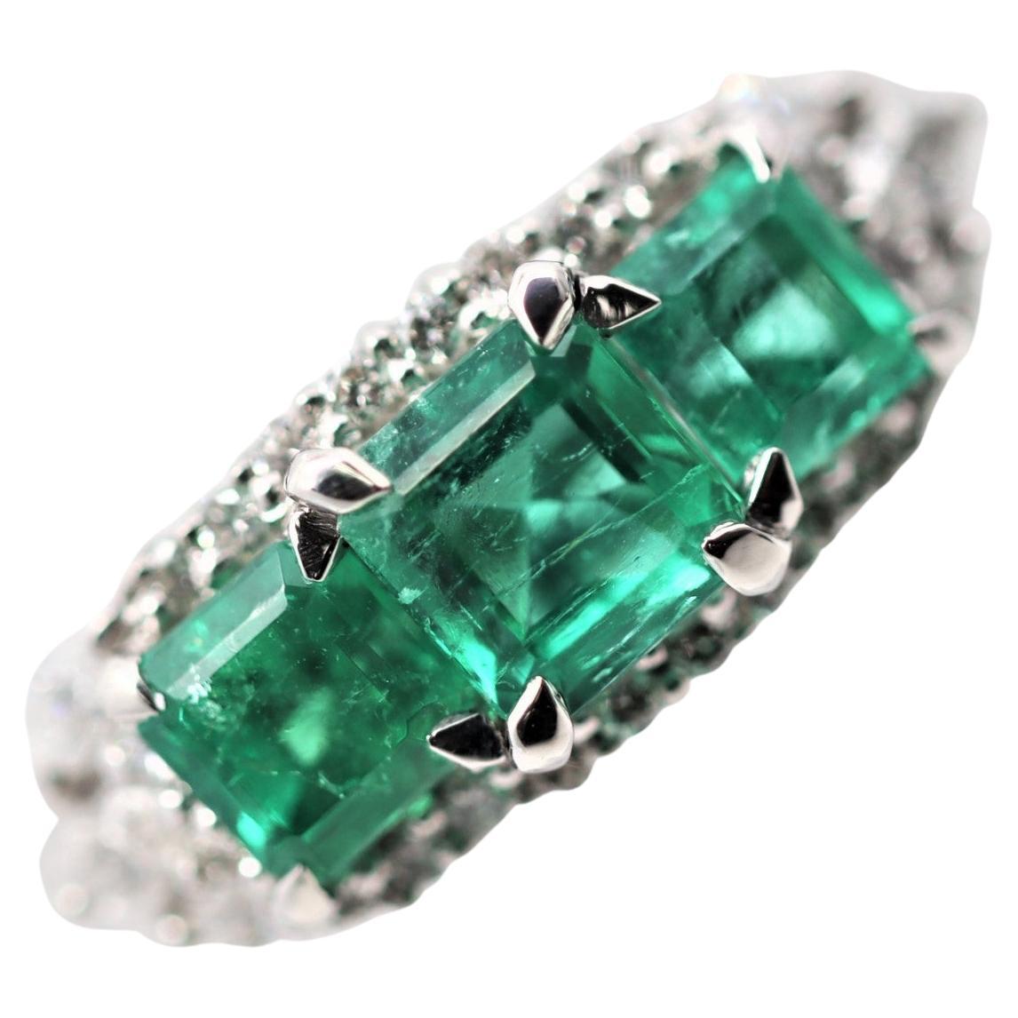Three-Stone Emerald Diamond Platinum Ring