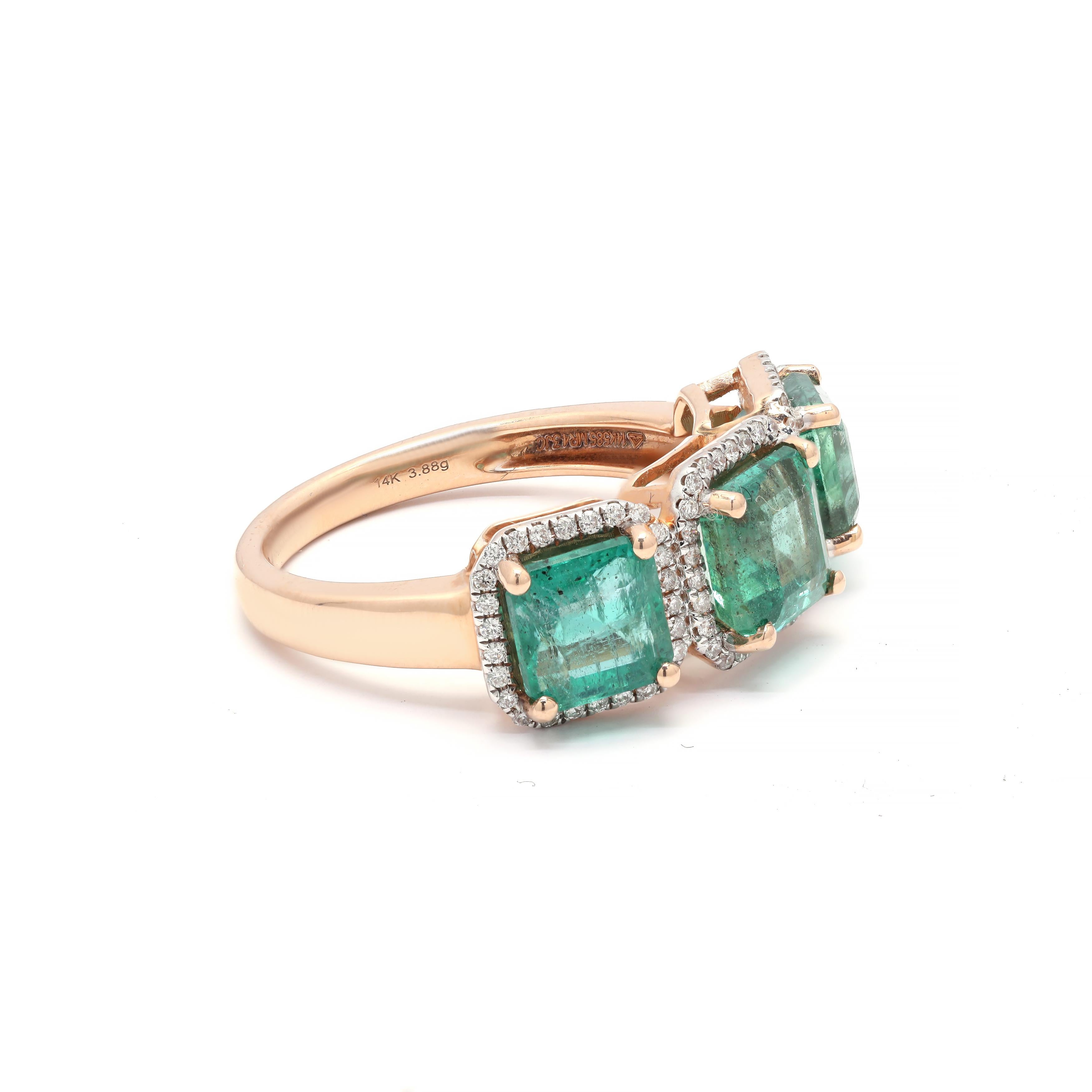 For Sale:  Three Stone Emerald and Diamond Ring in 14k Rose Gold 2