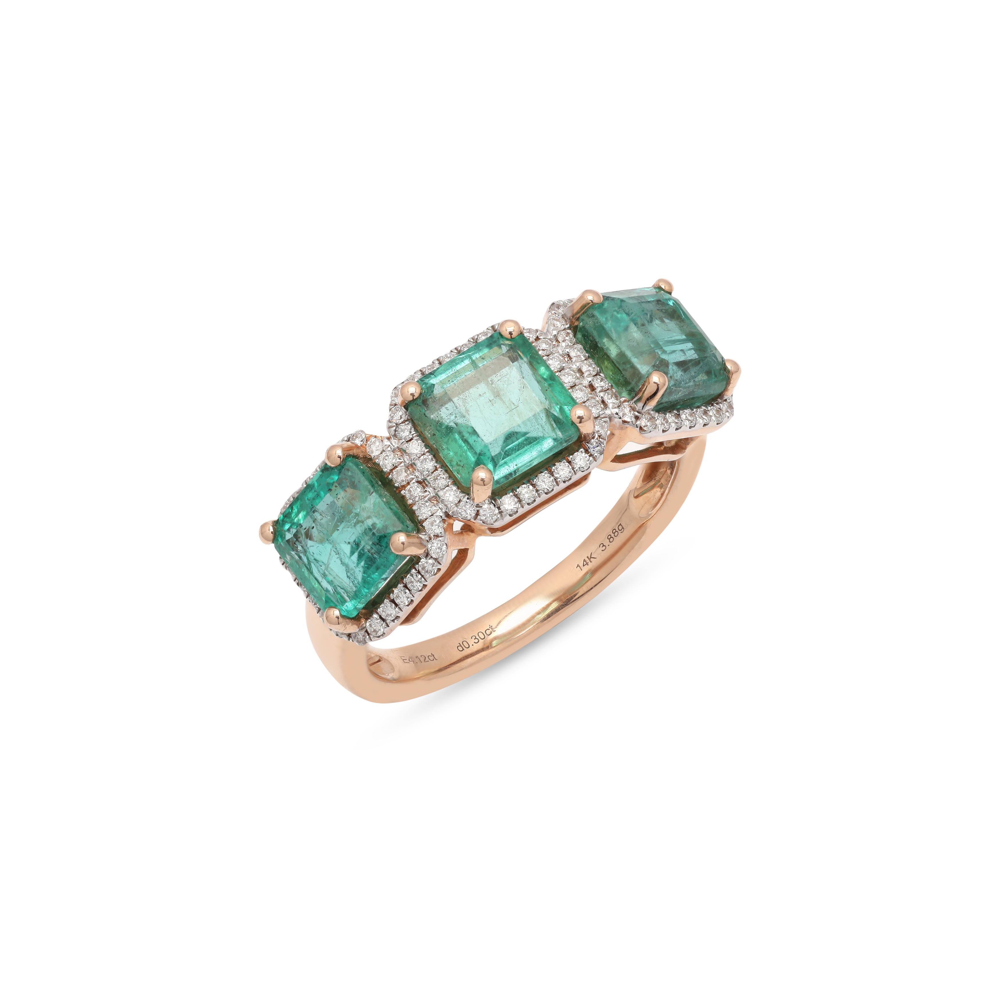 For Sale:  Three Stone Emerald and Diamond Ring in 14k Rose Gold 3