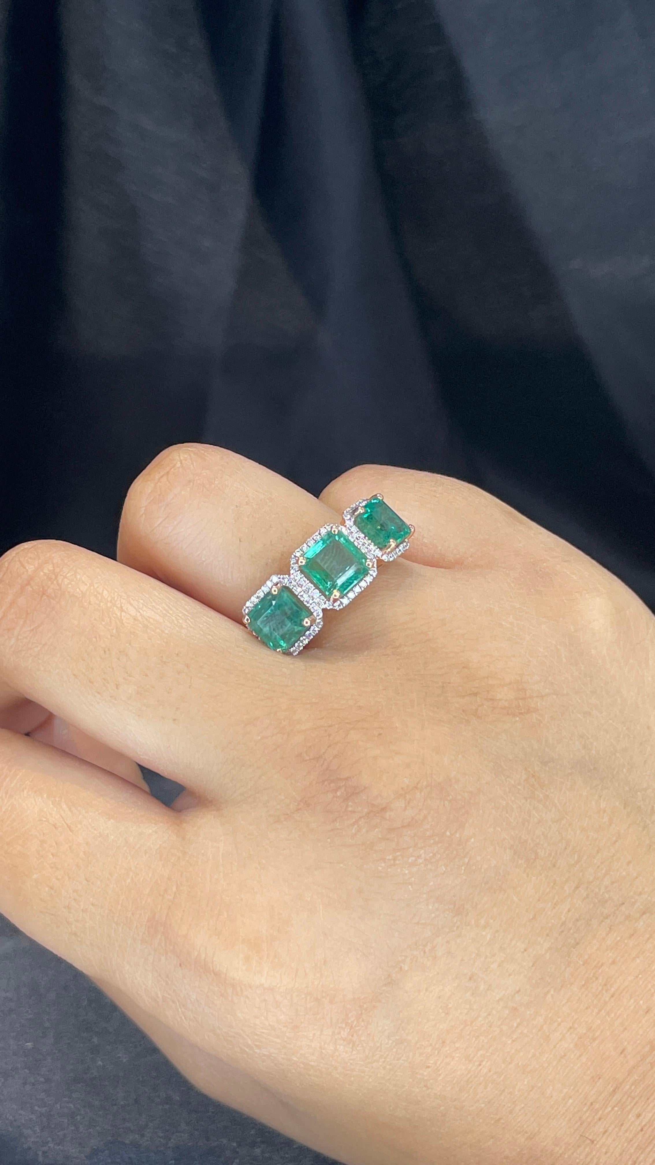 For Sale:  Three Stone Emerald and Diamond Ring in 14k Rose Gold 4