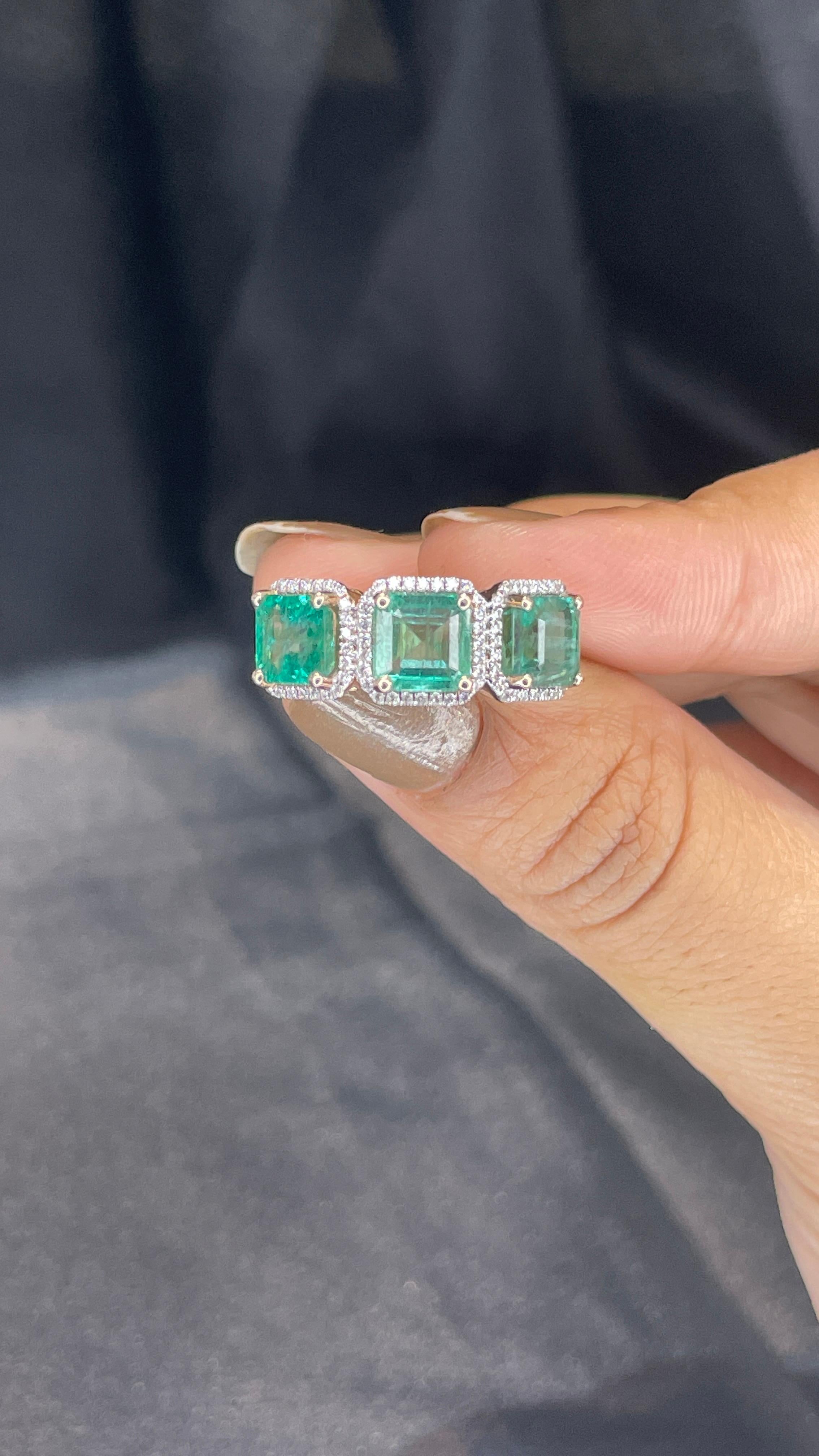 For Sale:  Three Stone Emerald and Diamond Ring in 14k Rose Gold 5