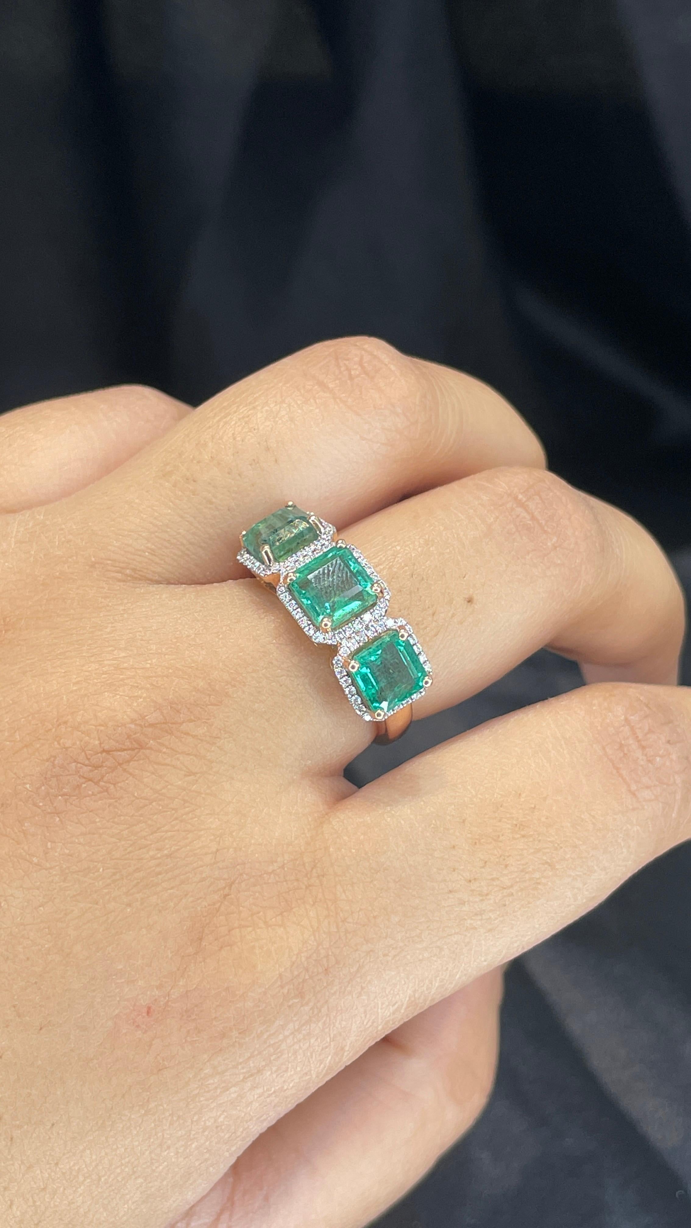 For Sale:  Three Stone Emerald and Diamond Ring in 14k Rose Gold 6