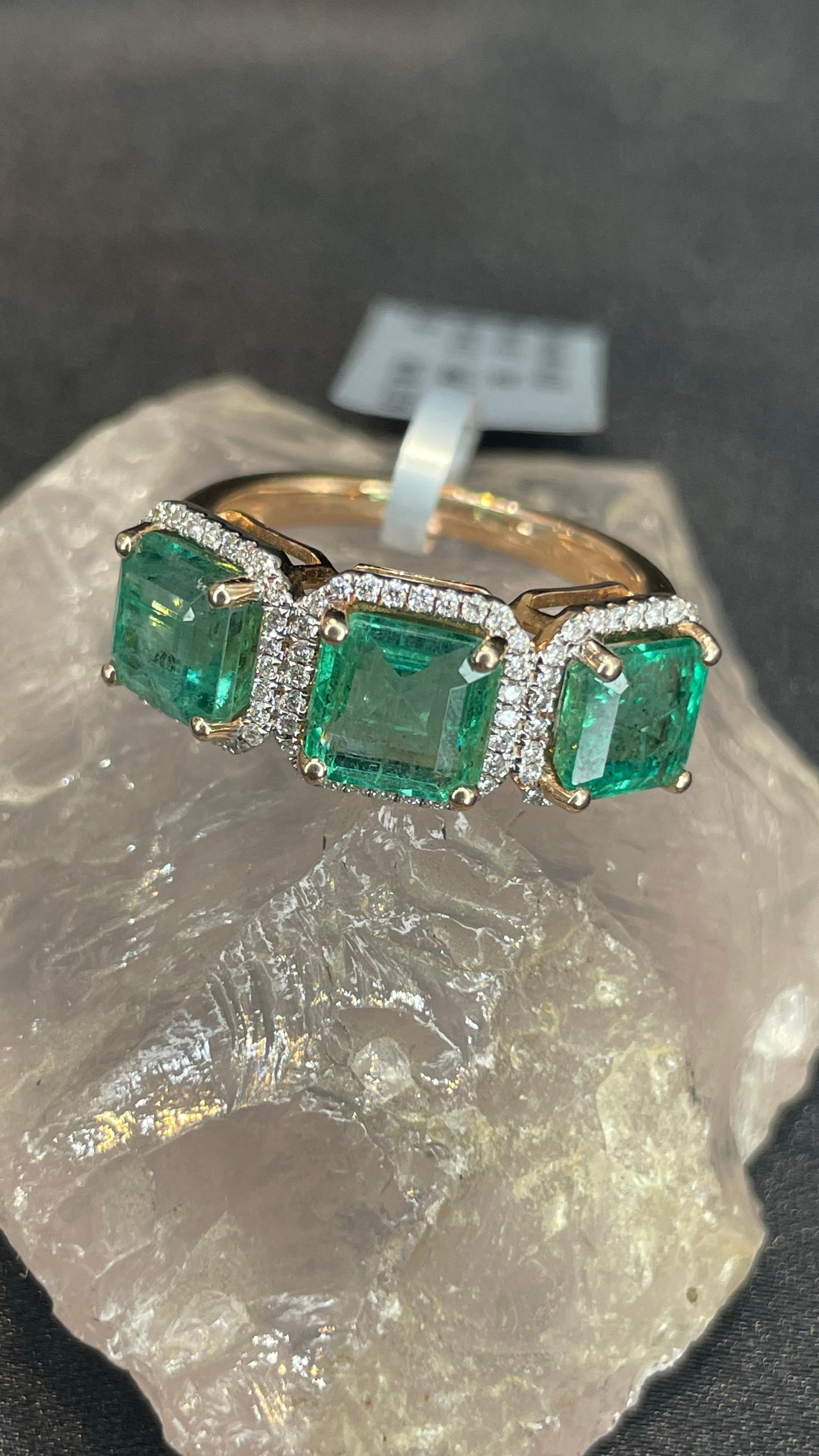 For Sale:  Three Stone Emerald and Diamond Ring in 14k Rose Gold 7