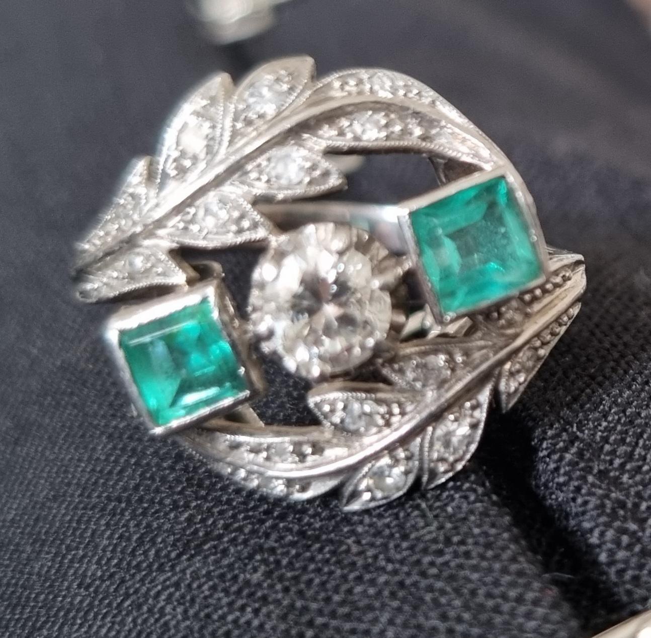 Square Cut Art Deco Three Stone Emerald, Diamond Ring in Platinum For Sale